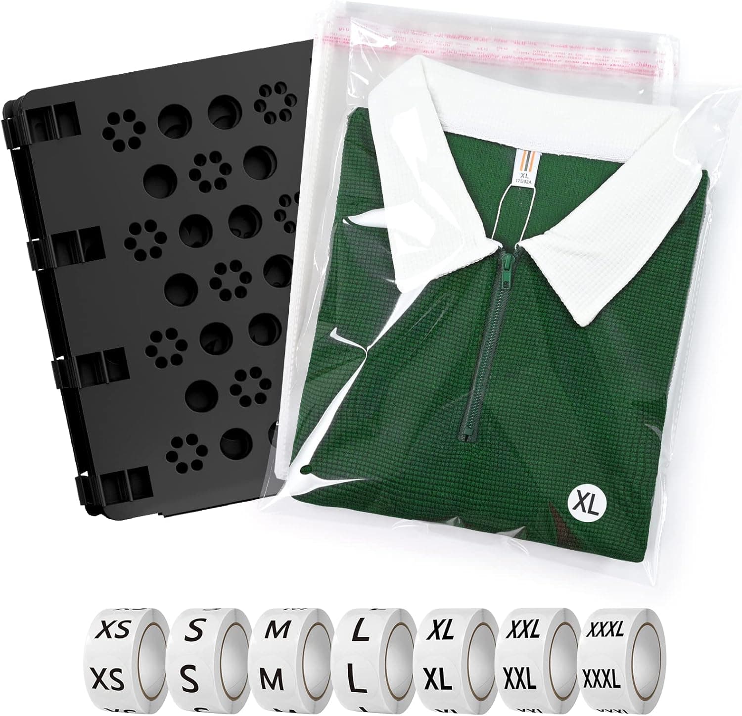 BoxLegend Shirt Folding Board V3 with 11x14 inches Shirt Bags Pack of 100 and Stickers 7 Sizes 3500 PCS Size Stickers for Clothing Folding Board Tshirt Bags for Small Business