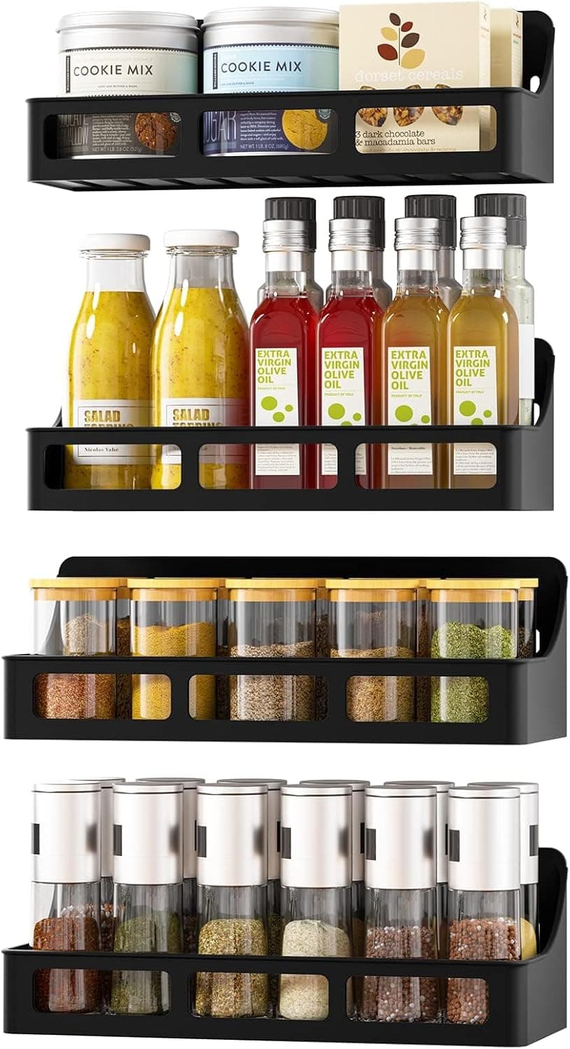 Jewem Magnetic Spice Rack for Refrigerator and Oven, 4 Pack Moveable Magnetic Shelves for Spice Jars, Heavy Duty Seasoning Rack Easy To Install For Kitchen Pantry kitchen organizers and storage