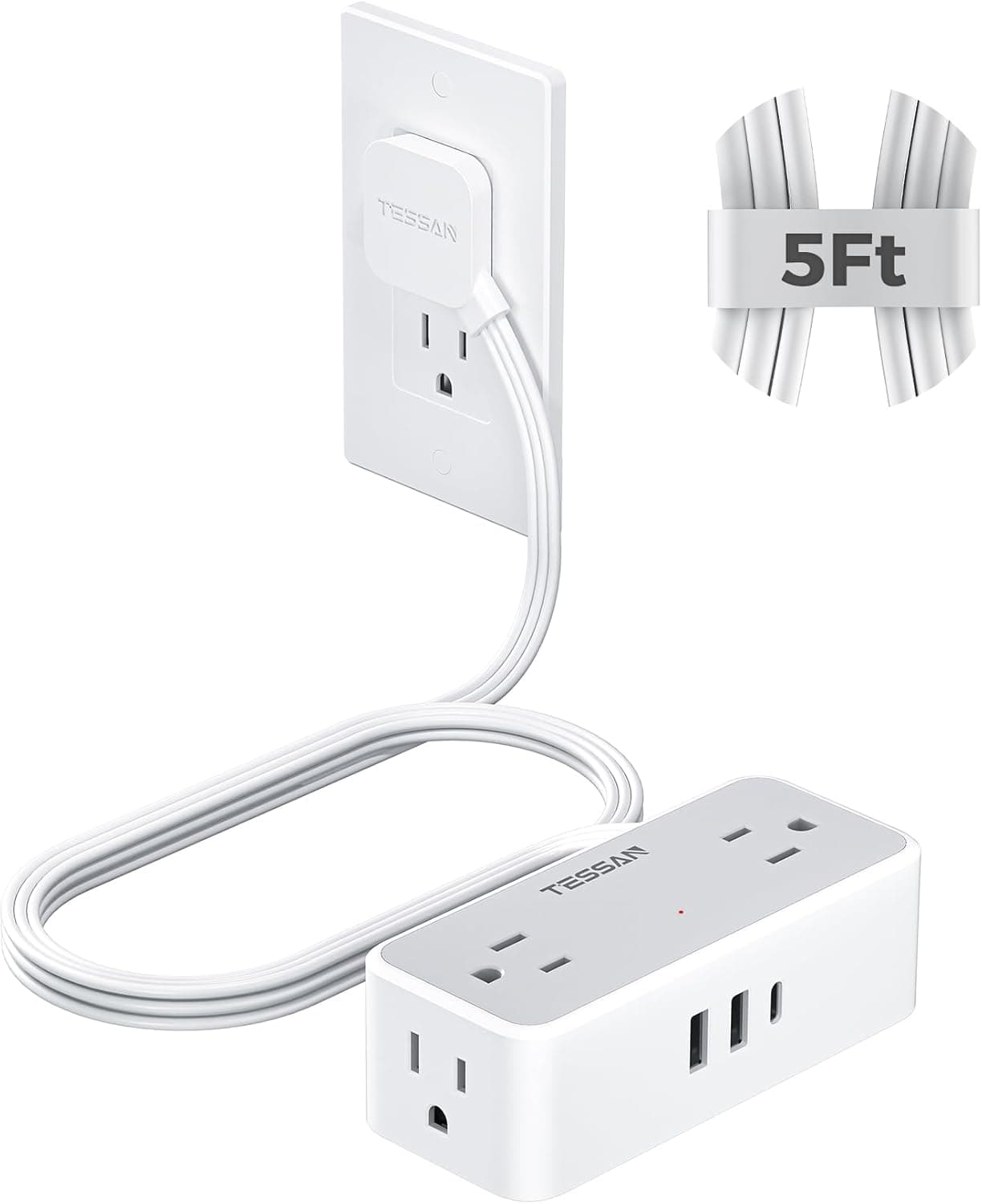 TESSAN Flat Plug Extension Cord 5 FT, Surge Protector Power Strip with 4 AC Outlets 1 USB C and 2 USB A Ports, 900 Joules Protection, Multiple Wall Outlet Extender Suitable for Home Office Dorm