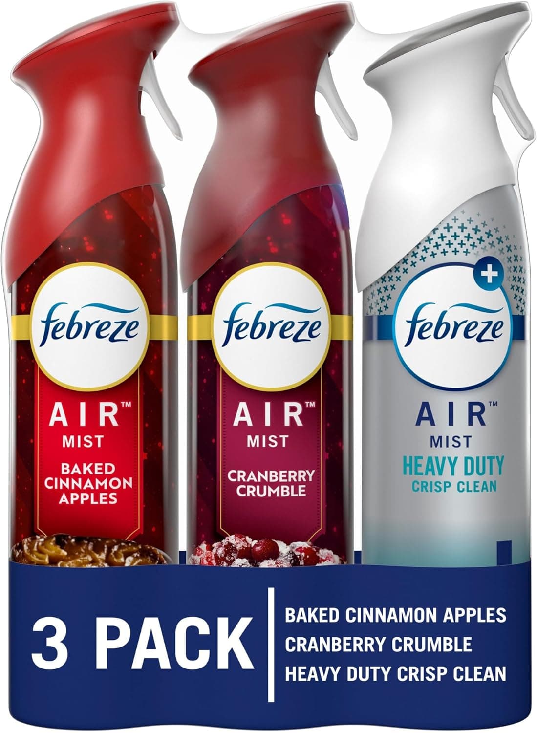 Febreze Air Mist Air Freshener Spray, Odor-Fighting Room Spray for Home, Bathroom, & Kitchen, Holiday Scents, Baked Cinnamon Apples & Cranberry Crumble & Heavy Duty Scents, 8.8oz, 3ct (1 of each)
