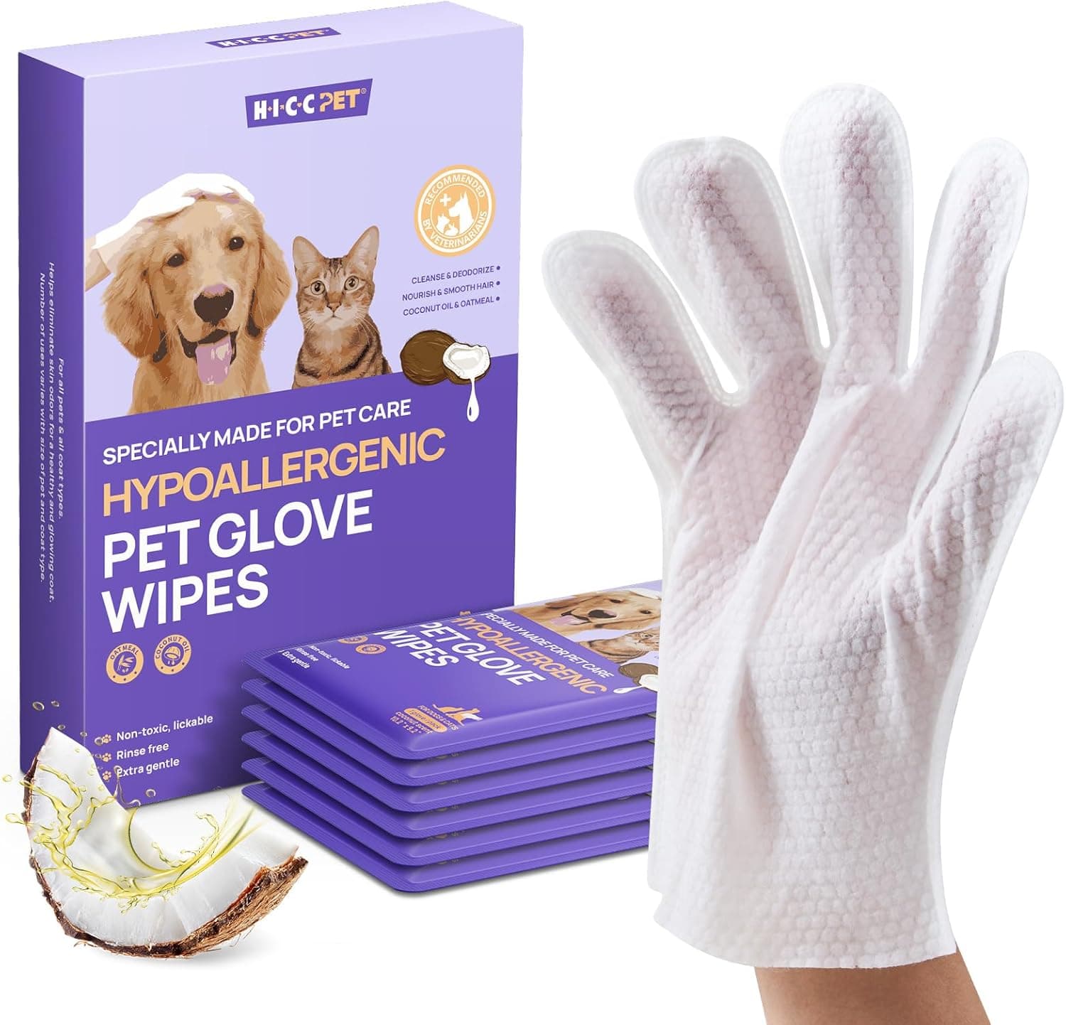 HICC PET Cleaning Deodorizing Glove Wipes for Dogs & Cats, Vet Recommended Hypoallergenic Hydrating & Nourish Fur Pet Grooming Glove Wipes, Pet Bathing Wipes for Horse Coat Care,6pcs Coconut Scent