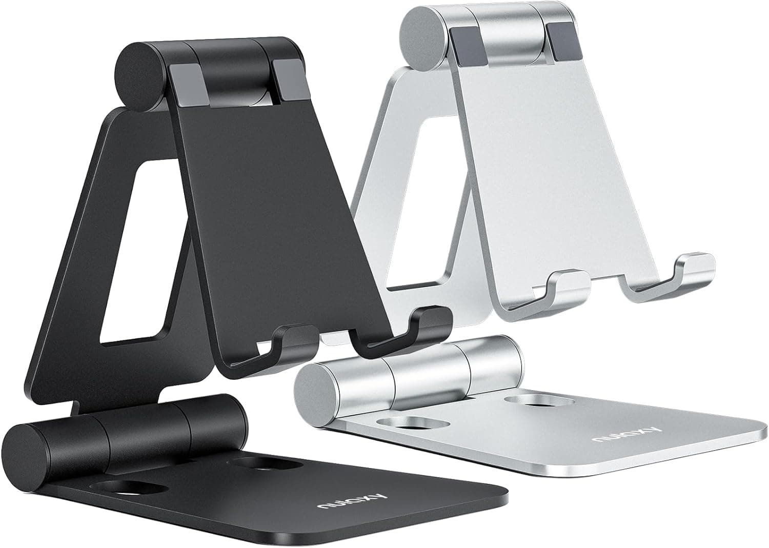 Nulaxy 2 Pack Dual Folding Cell Phone Stand, Fully Adjustable Foldable Desktop Phone Holder Cradle Dock Compatible with iPhone 17 16 15 14 13 12 11 Pro Max Xs Xr X 8, All Phones, Black & Silver