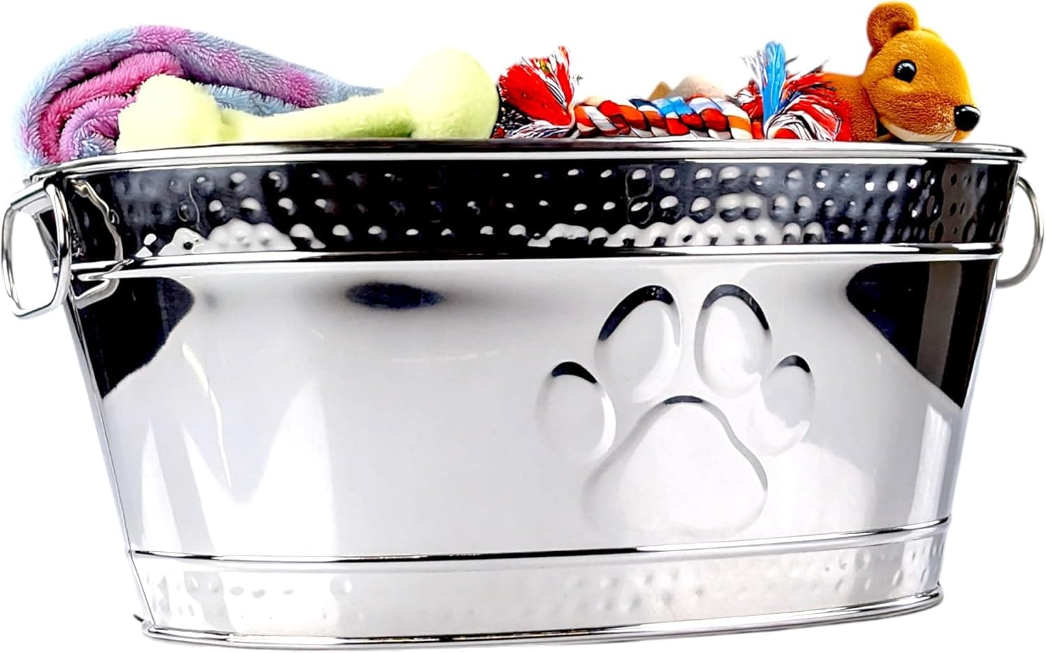 BREKX Metal Indestructible Dog Toy Bin - Steel Dog Toy Basket with Handles, Pet Storage Box, Oval for Blankets, Leashes, & Ropes for Aggressive Chewers - Pawprint Design Home Decor (Silver)