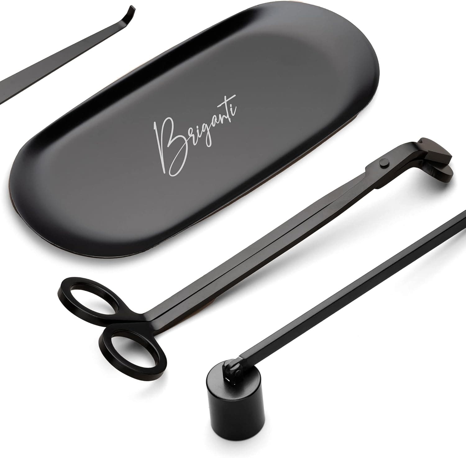BRIGANTI Candle Accessories Set 4-in-1 Candle Care Essentials Kit - Black | Candle Snuffer with Swivel Head, Wick Trimmer Scissors with Refined Edge, Wick Dipper & Picker, Decorative Accessory Tray