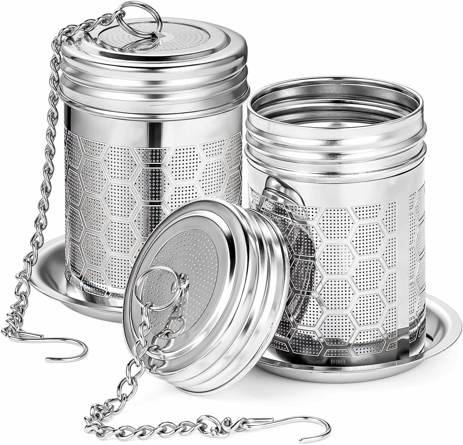 2 Pack Tea Strainers Infuser for Loose Tea 304 Stainless Steel Mesh Loose Leaf Steeper Diffuser with Chain Hook and Threaded Lid for Black Tea, Spices and Seasonings