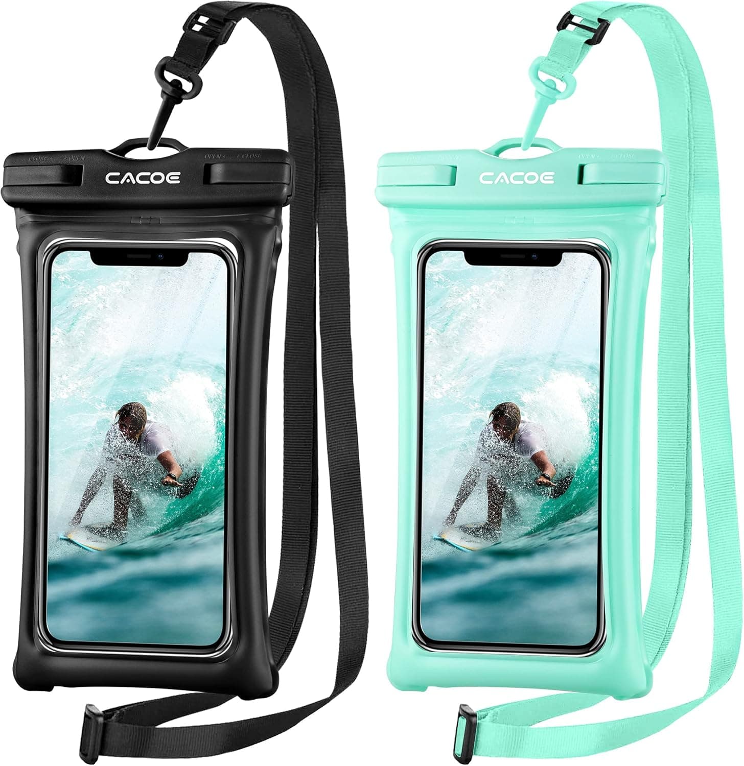 CACOE [Floatable] Floating Universal IPX8 Waterproof Phone case 2 Pack-Up to 7.0",Adjustable Lanyard Phone Pouch,Cellphone Dry Bags for Vacation Beach Pool Kayak Cruise Travel Essentials（Black+Green）