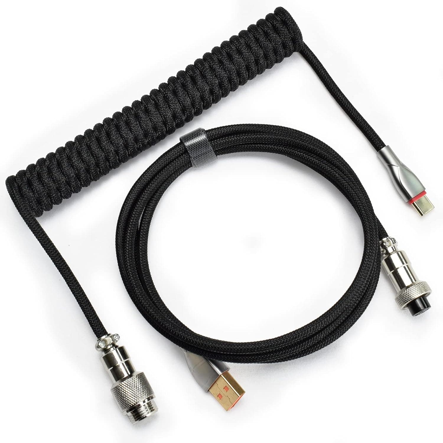 Braided Keyboard Cables 1.5m Coiled Type-C to USB A with Detachable Aviator Connector.for Gaming Keyboard/Tablet (Black)