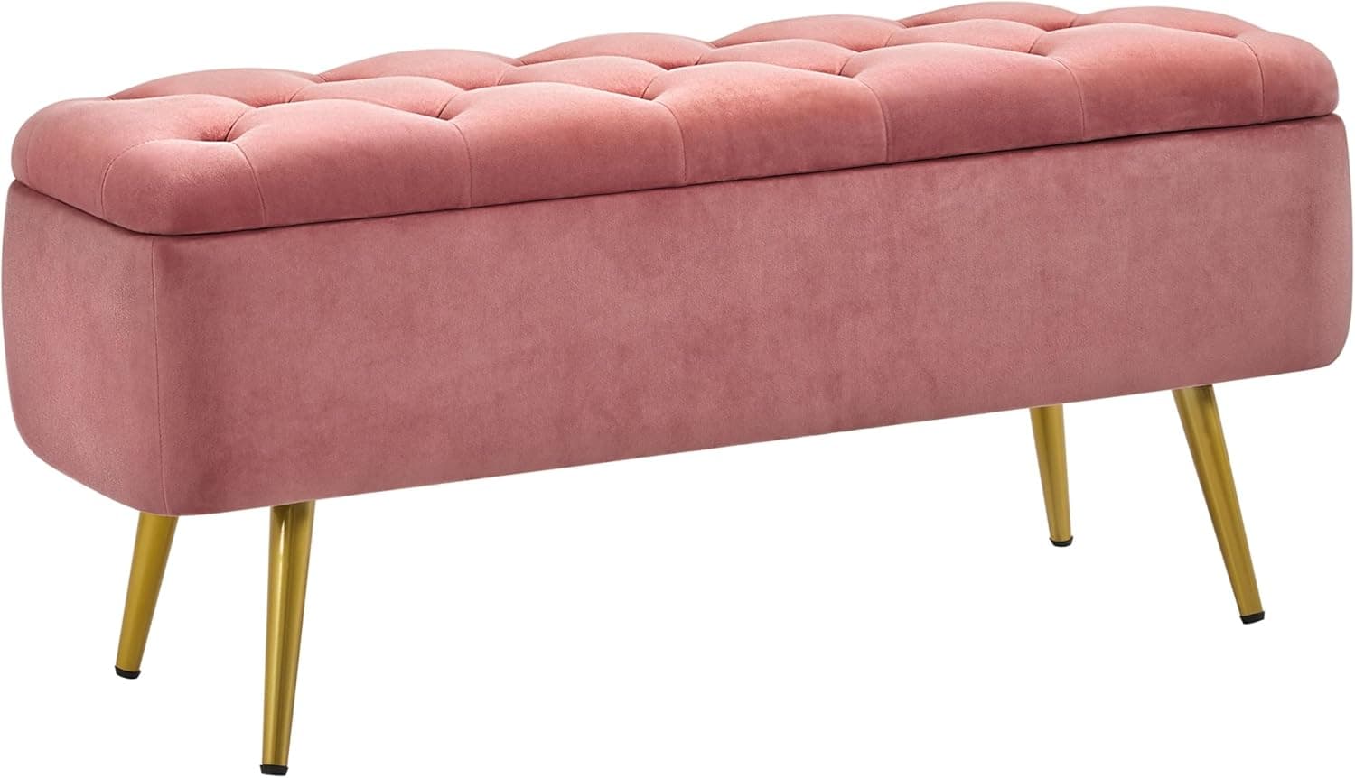 Yaheetech Ottoman with Storage, Velvet Entryway Bench with Safety Hinge, Upholstered Bench with Seating for Bedroom, Living Room, Holds up to 519 lb, Pink