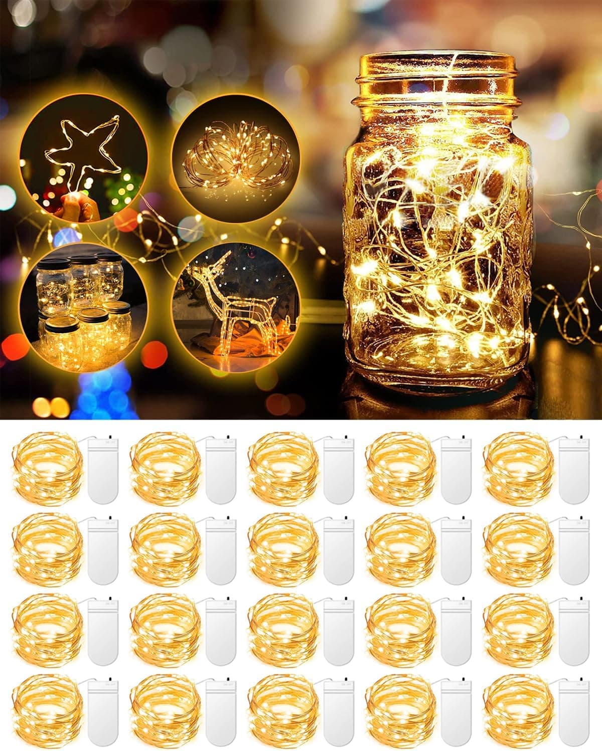 20 Pack Fairy Lights Battery Operated, 3.3ft 20 LED Mini String Lights Twinkle Lights Copper Wire Firefly Starry Lights for Mason Jars Wedding Party Christmas Centerpiece Table Decorations, Warm White