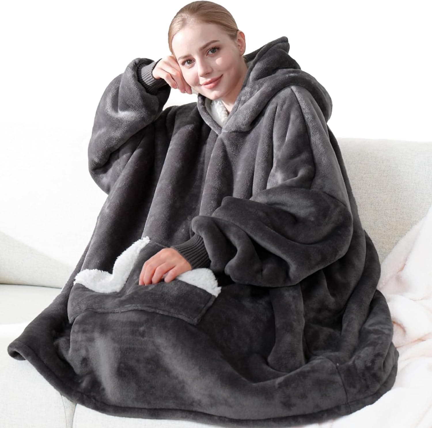Touchat Wearable Blanket Hoodie, Oversized Sherpa Fleece Sweatshirt Blanket with Giant Hood Pocket and Sleeves for Adult, Warm & Cozy Grey Blanket Gifts for Women