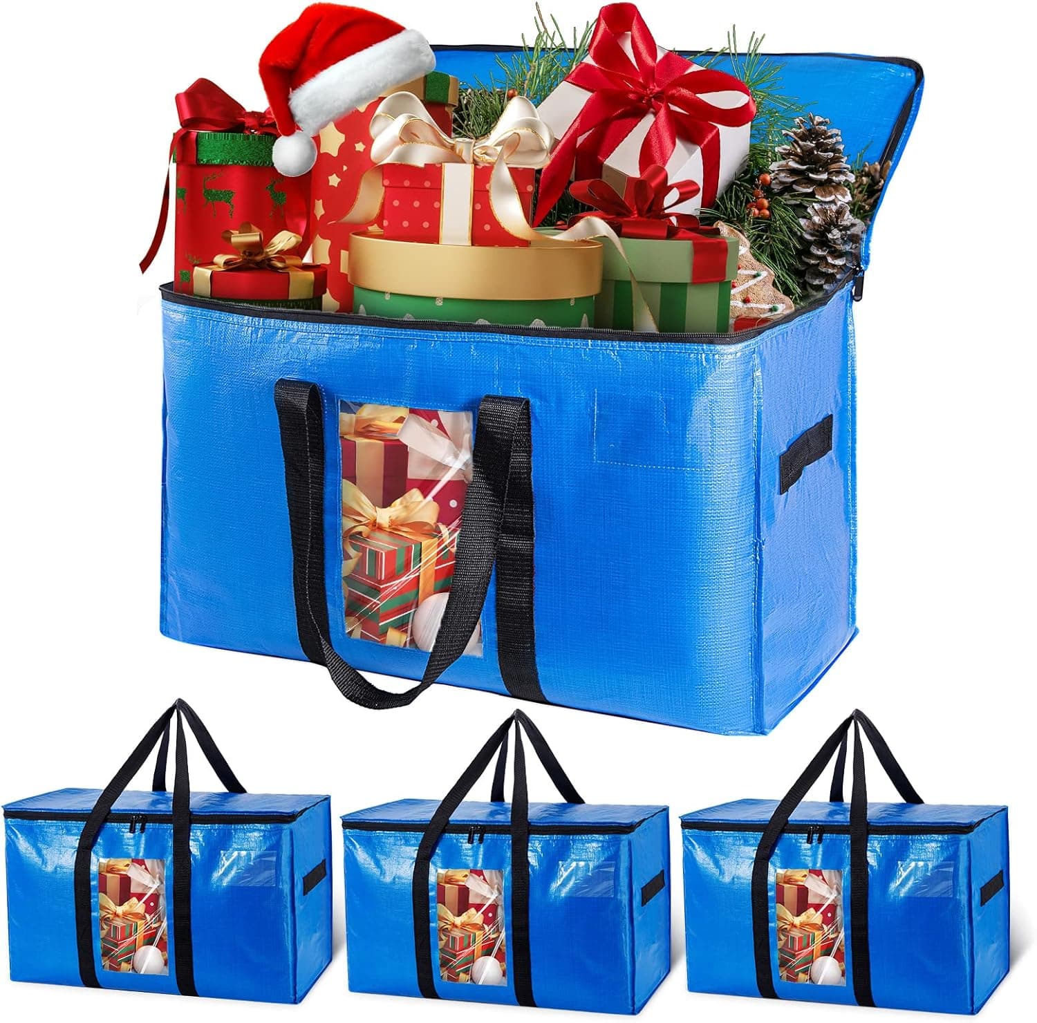 TAILI Extra Large Moving Bags, 4 Pack Blue Heavy Duty Totes For Storage with Visible Window, Wrap Around Handles, Storage Bags for Space Saving, Alternative to Moving Boxes