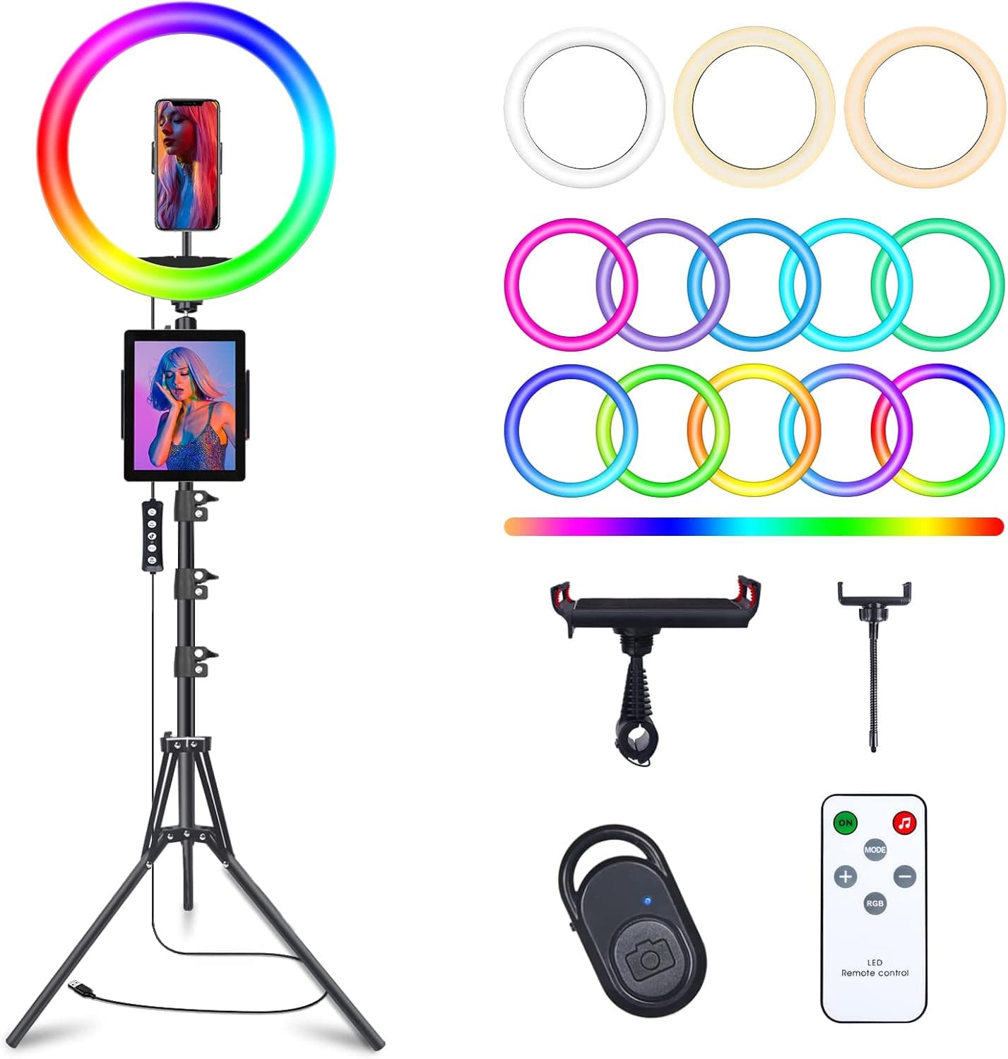 10" Selfie Ring Light with 73" Tripod Stand & 1 Phone Holder, LED Camera Ringlight with 48 RGB Colors Modes & Musical Rhythm Mode and 12 Brightness Dimmable for TikTok/Makeup/Photography/Vlog