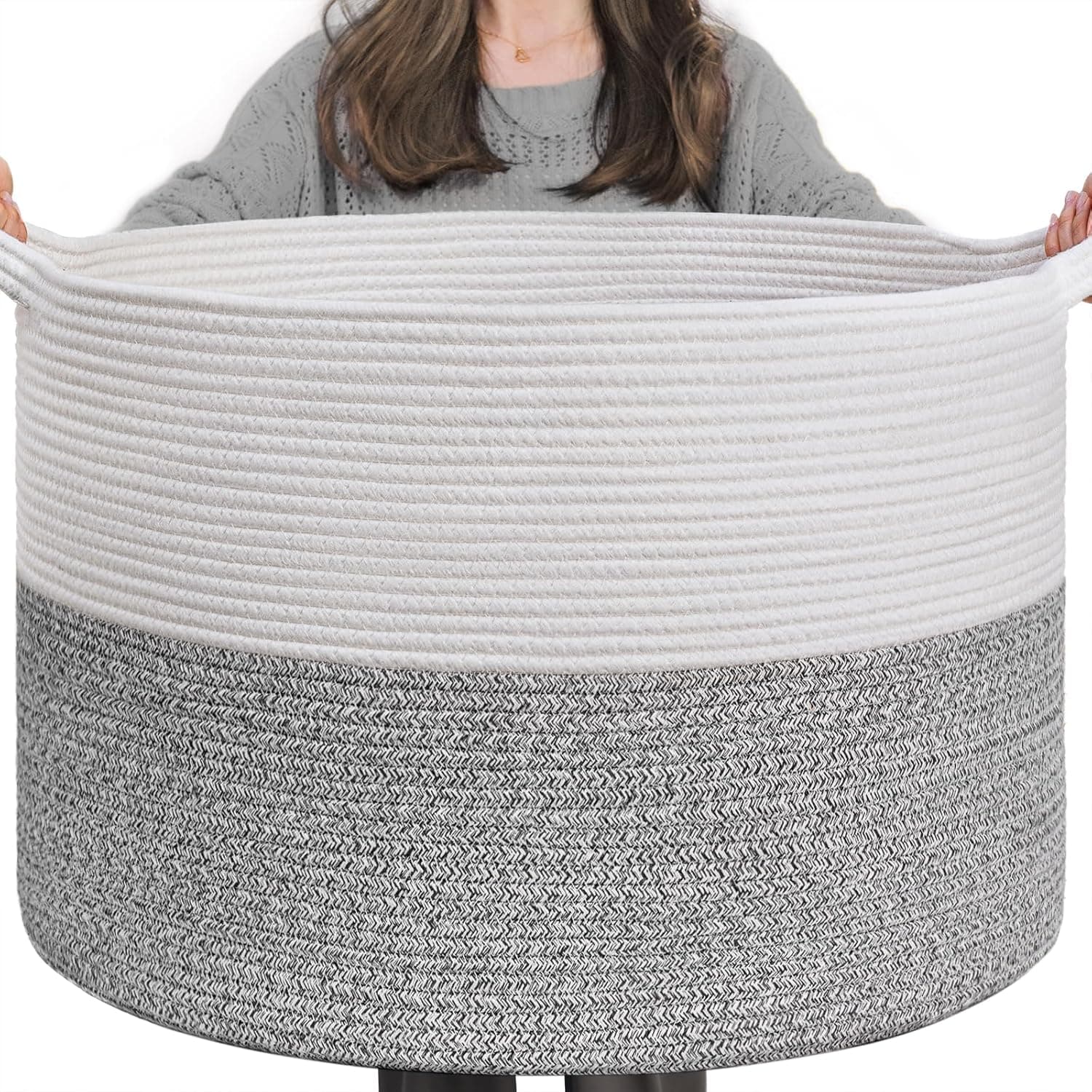 INDRESSME Large Storage Basket, 21.7'' x 13.8'' Cotton Rope Blanket Basket Living Room, Toy Organizers and Storage with Handles for Kids, Laundry Baskets for Clothes, Towel, 90L Grey
