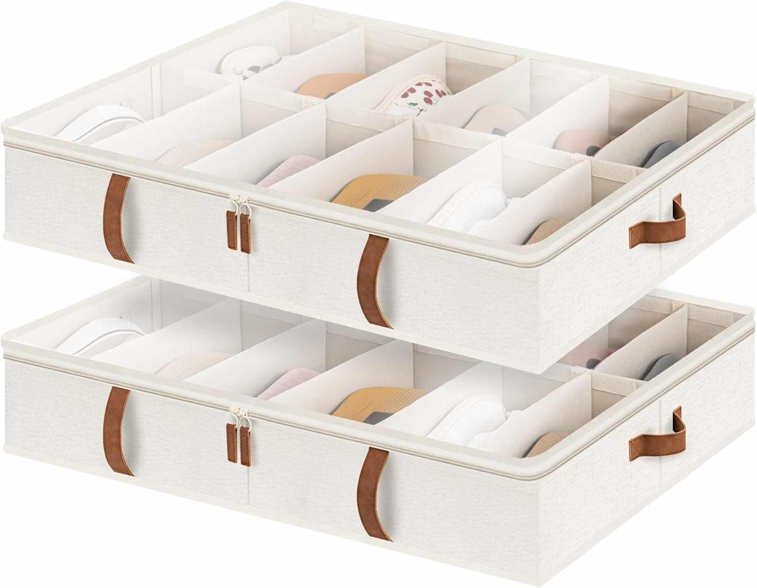 StorageWorks Shoe Organizer for Closet, Fits up to 24 Pairs, 2-Pack Ultra-thick Fabric Under Bed Shoe Storage Containers with Bottom Support and Adjustable Dividers, Beige