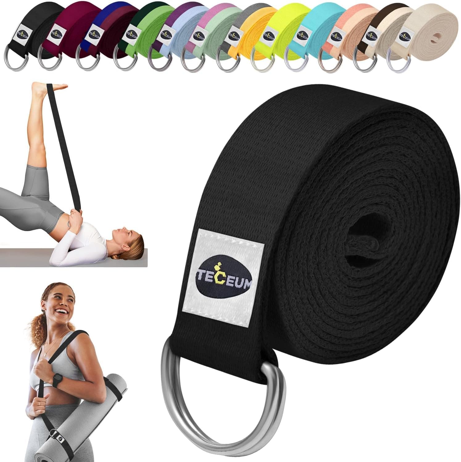 TECEUM Yoga Strap & Mat Strap – 2 IN 1 – Cotton – 6 ft 8 ft 10 ft (30+ colors) – Adjustable Non-Slip Belt for Yoga, Pilates, Stretching, Physical Therapy, Fitness & Home Workout – For Carrying Mats