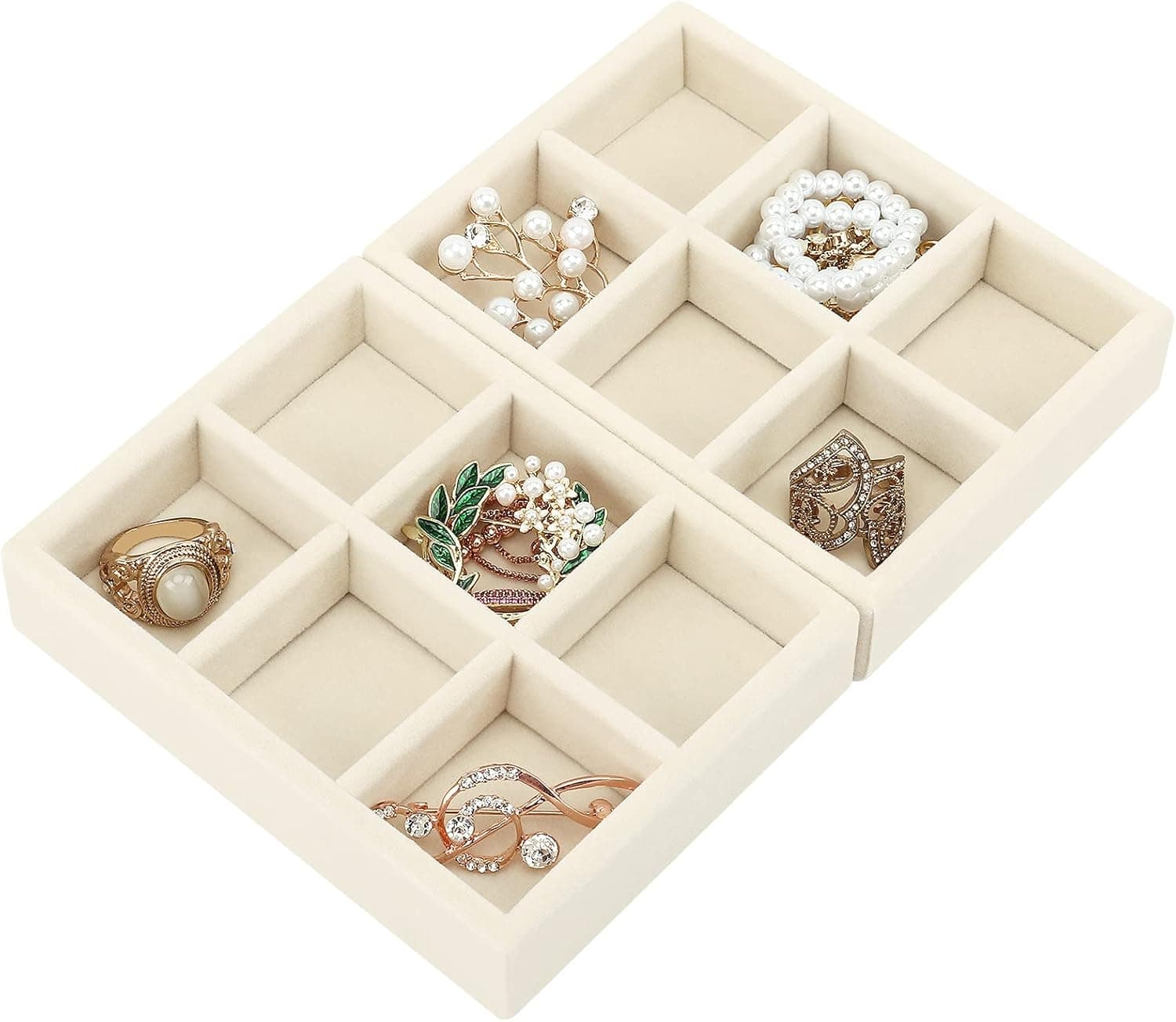 DesignSter Small Jewelry Tray-Ring Organizer 2PCS Premium Velvet Rings Earrings Display Tray Storage Insert Holder for Jewelry Box, Drawer, Dresser (6 Grids, Beige)