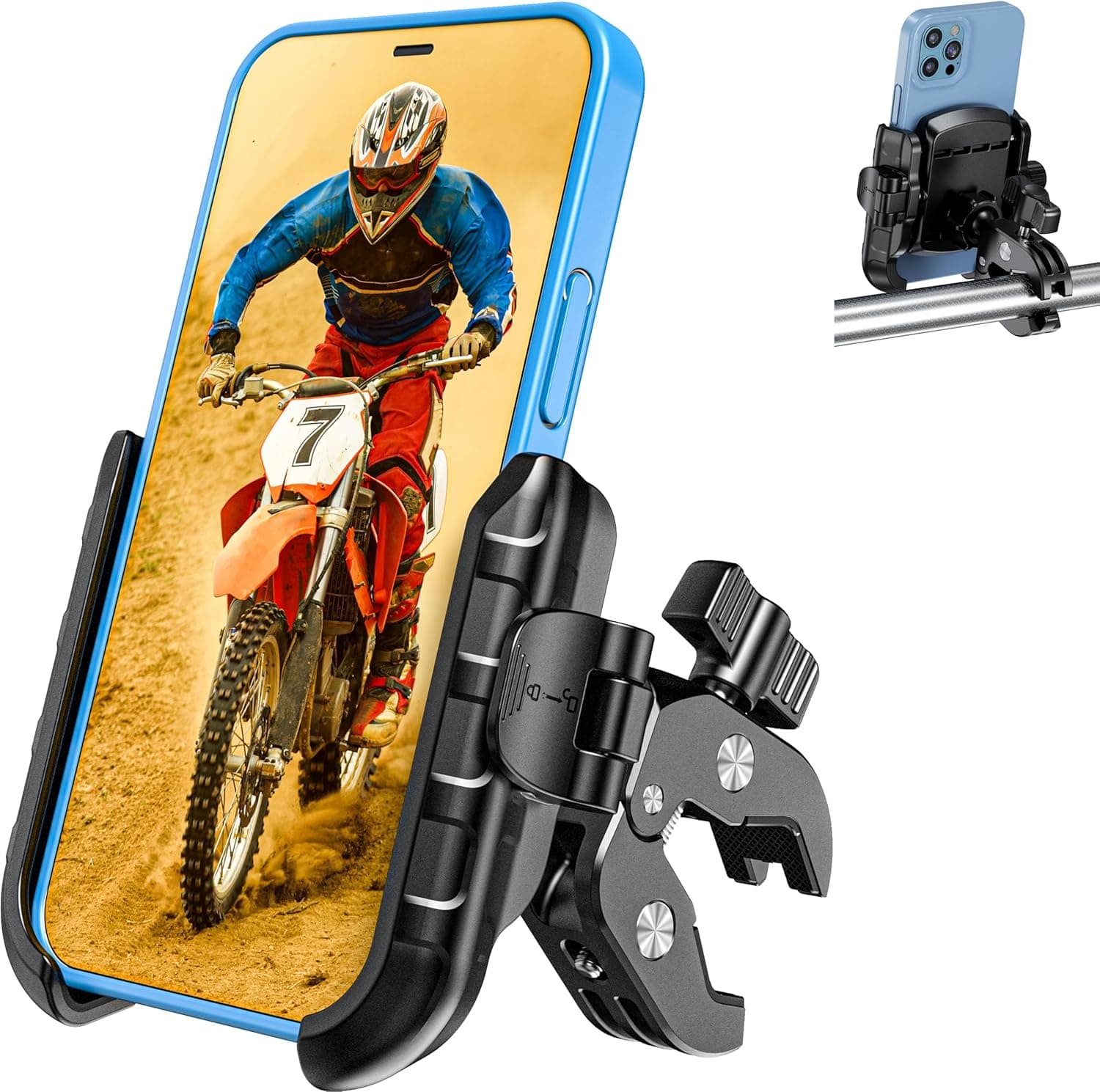 Kewig Motorcycle Phone Mount Holder- [Camera Friendly] [1s Lock & Release] Bike Phone Mount Handlebar Cell Phone Holder for Bicycle Scooter ATV, Fit for 5.4-7.2" Smartphones
