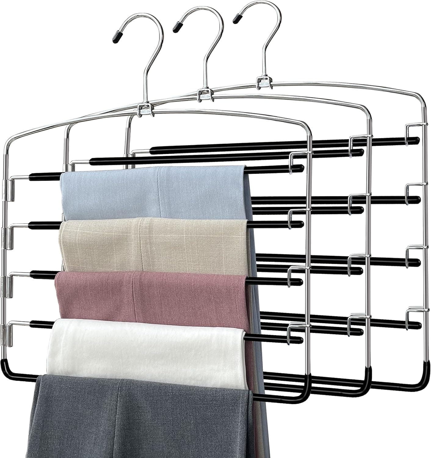 Pants Hangers 3 Pieces,5 Tier Closet Organizers and Storage Clothes Hanger,Hangers Space Saving with Swing Arm,Multiple Metal Hanger Clothes Organization for Pants Trousers Jeans Leggings Slacks