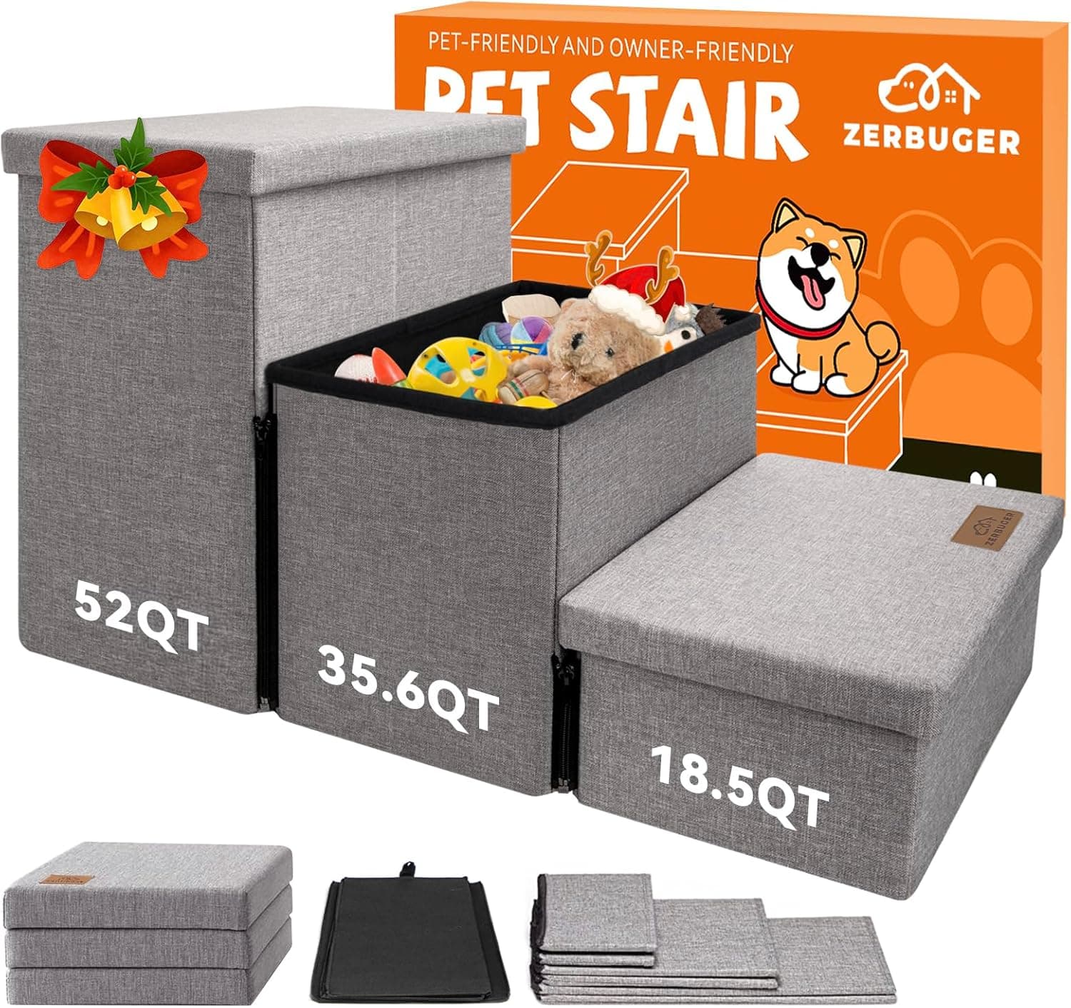 Wider Dog Stairs with Storage 18" H, 3-Step Sturdy Dog Steps for Large/Medium/Small Older Senior Dogs Cats, Folding Pet Stairs Climbing Bed or Couch, Arthritis-Friendly (Gray, No Condo)