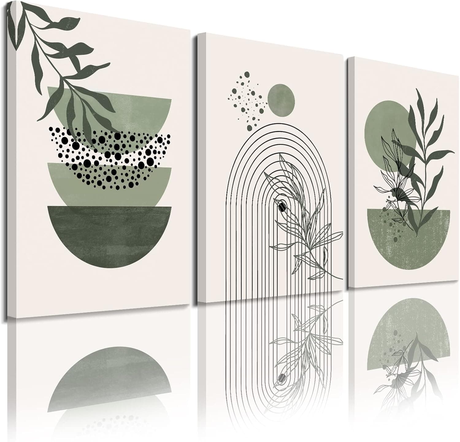 Sage Green Wall Posters & Prints, Green Boho Wall Art Set of 3, Minimalist Framed Wall Art Geometric Line Leaf Sun Moon Beige Green Canvas Artwork Paintings