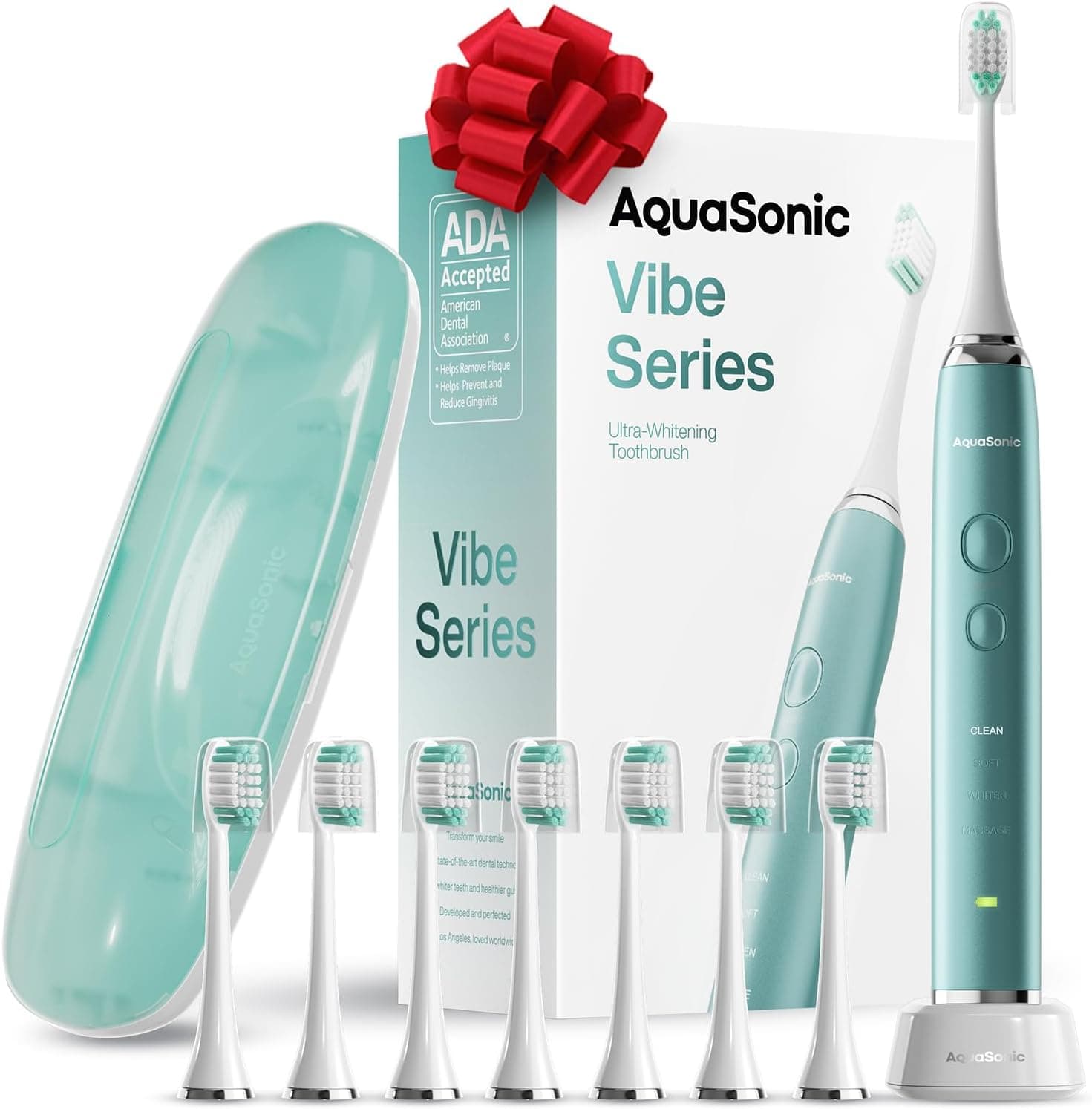 Aquasonic Vibe Series Ultra-Whitening Toothbrush – ADA Accepted Power Toothbrush - 8 Brush Heads & Travel Case – 40,000 VPM Motor & Wireless Charging - 4 Modes w Smart Timer – Mint Green Metallic