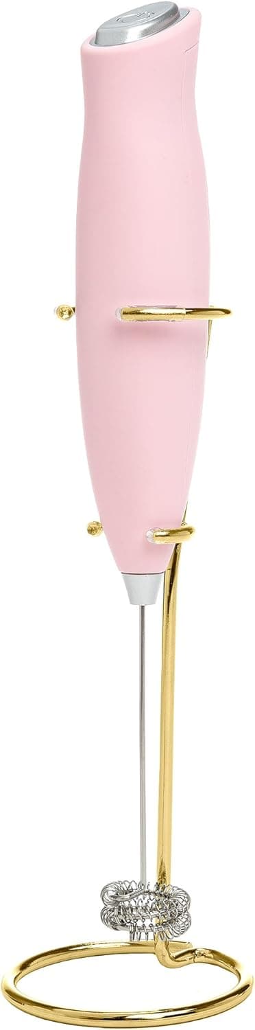Paris Hilton Electric Handheld Milk Frother with Double Coil Head Whisk and Gold Metal Stand, Battery Powered (2 AA Batteries Required but Not Included), Pink