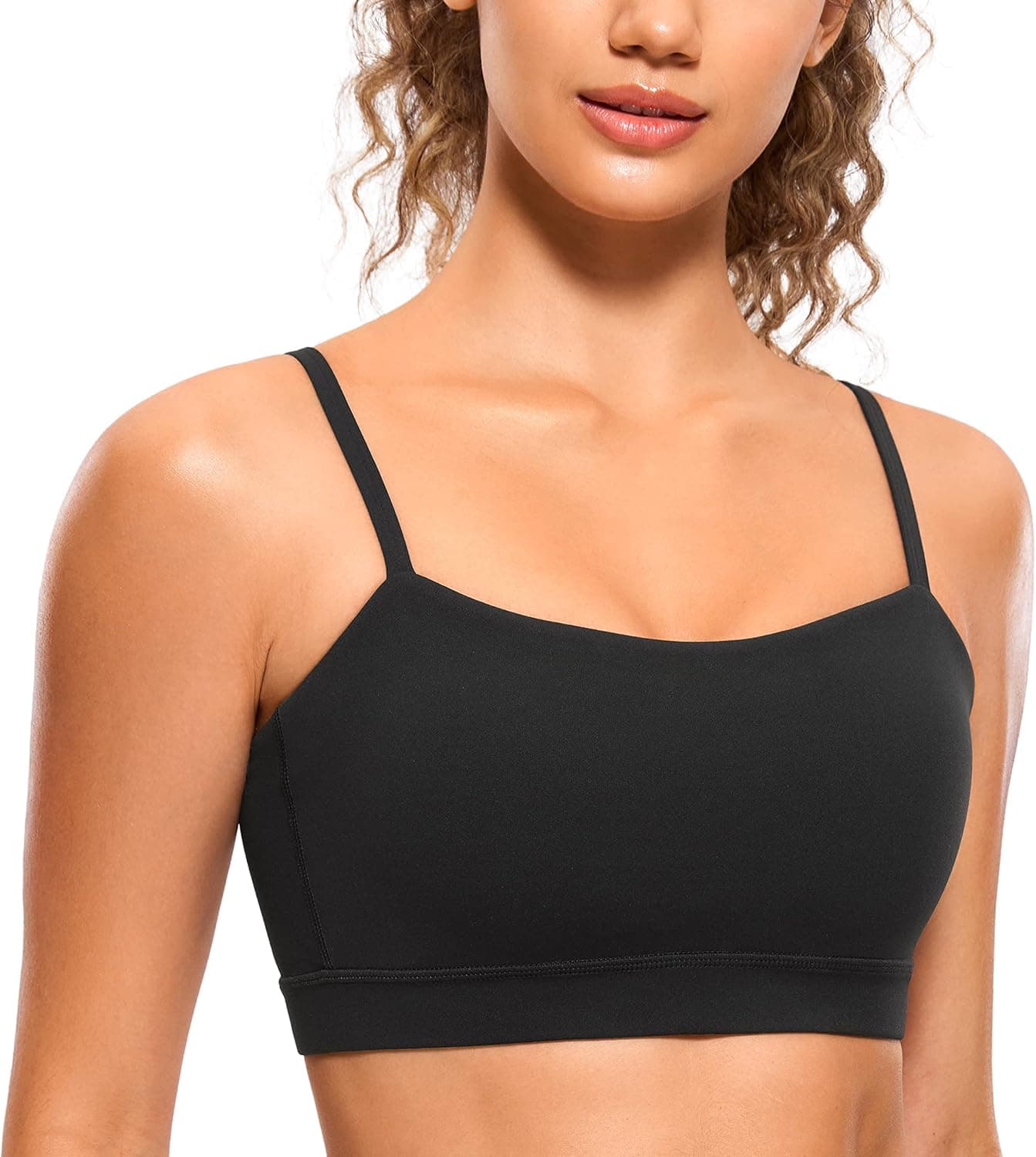 CRZ YOGA Butterluxe Womens Adjustable Spaghetti Thin Strap Sports Bra - Padded Wireless Square Neck Workout Yoga Clothes