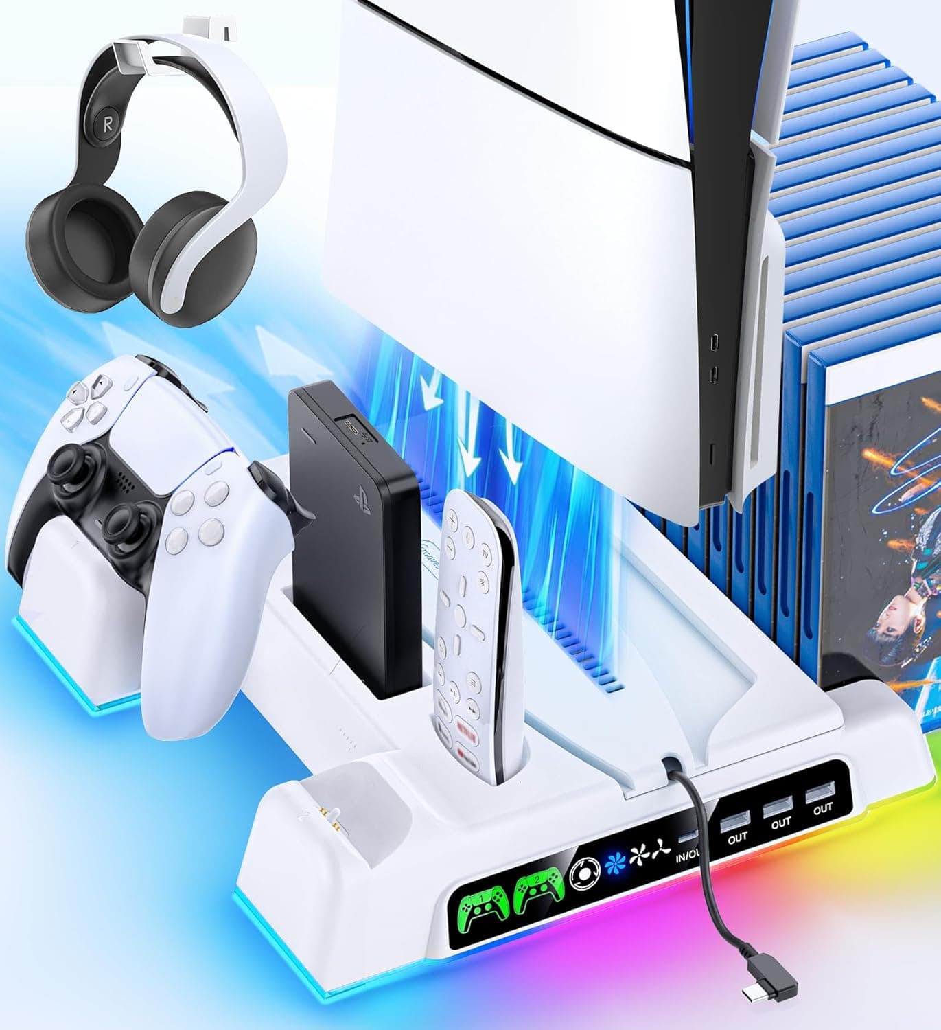 Cooling Stand for PS5/ Slim/Pro Disc & Digital Console, PS5 Cooling Station with Dual Controller Charging Station for PlayStation 5 Console, 3-Level Cooling Fan & Controller Charger Dock Accessories