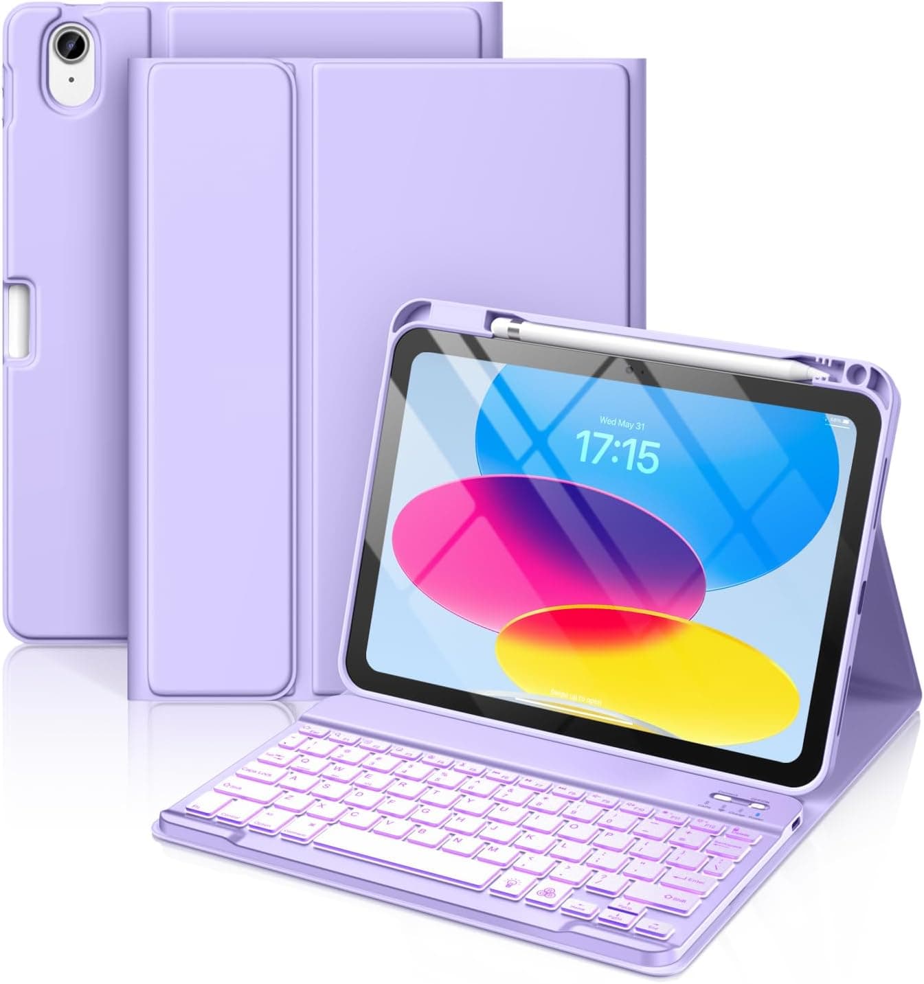 Hamile for iPad 11th 10th Generation Case with Keyboard - 7 Colors Backlit Wireless Detachable Folio Keyboard Cover with Pencil Holder for iPad 11-inch A16 2025 10th Gen 10.9 Inch 2022 (Purple)