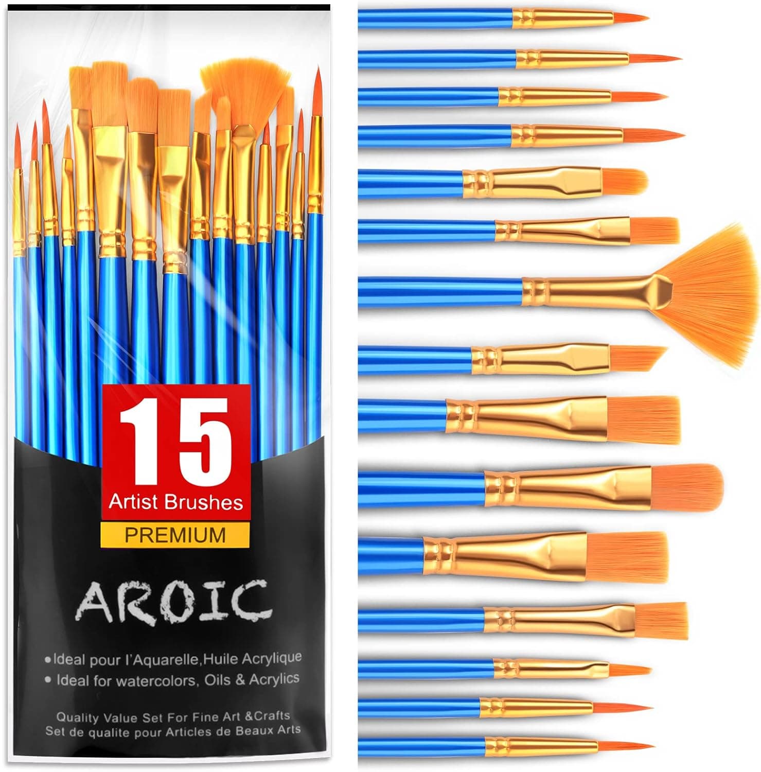 AROIC Acrylic Paint Brush Set, 15 pcs Nylon Hair Paint Brushes for All Purpose Oil Watercolor Face Body Rock Painting Artist, Small Painting Brush Kits for Kids Adult Drawing
