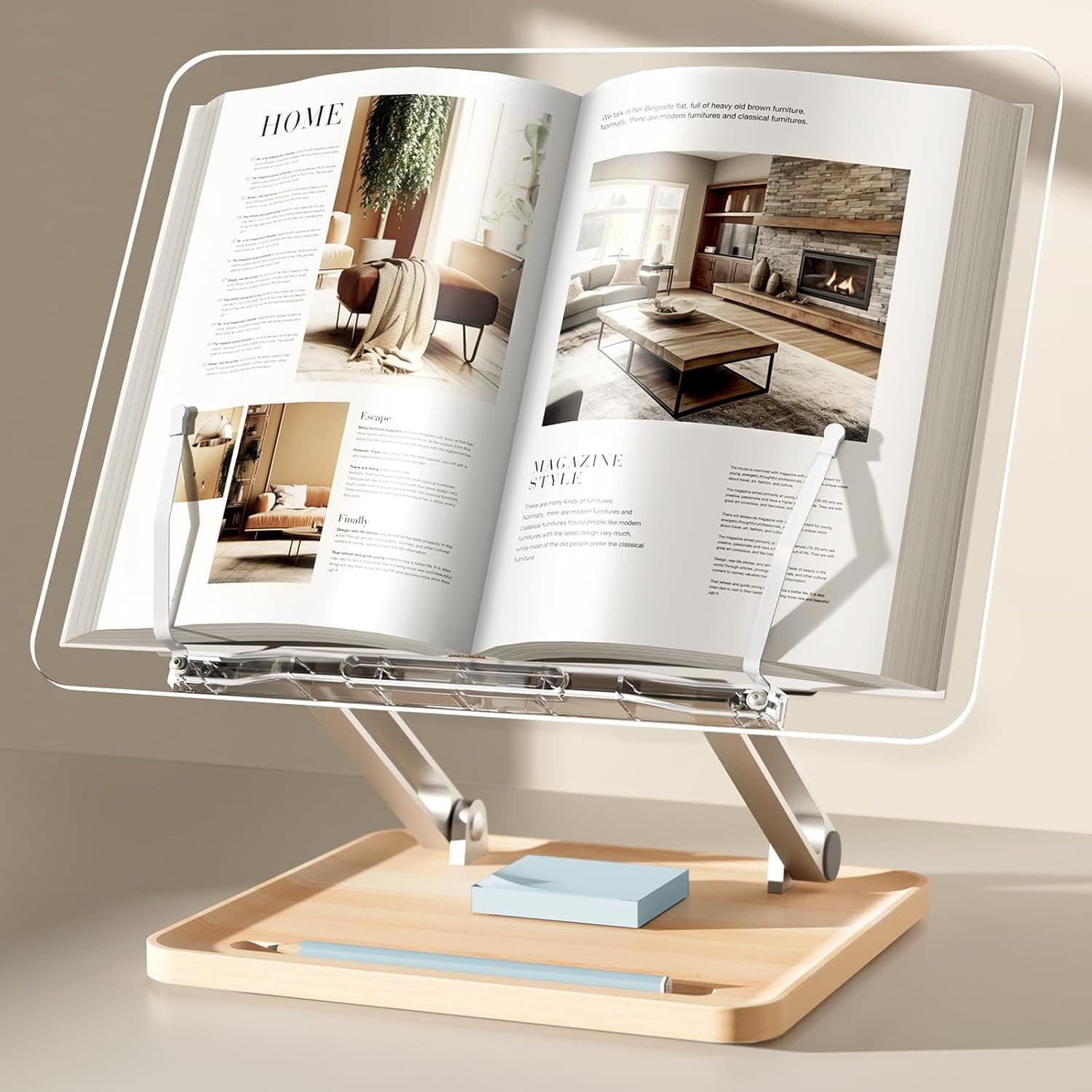 Adjustable Acrylic Book Stand for Reading, Book Holder with Pen Slot, Foldable Desktop Riser for Laptop, Recipe, Textbook - Hands-Free,Cookbook Stand, Clear Design with Page Clips