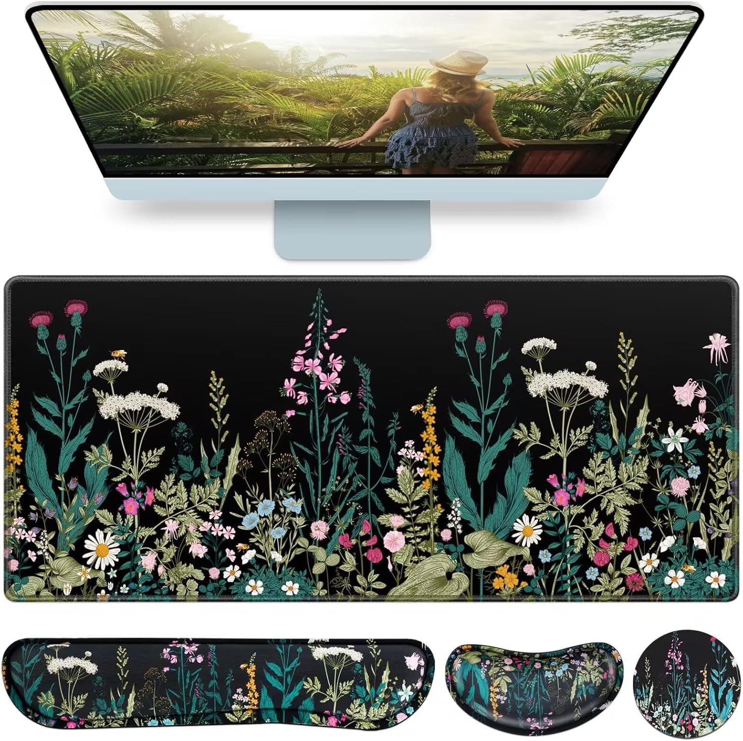 Desk Mat, Large Gaming Mouse Pad with Wrist Rest, 4in1 XXL Mousepad+Keyboard Wrist Rest+Mouse Pad Wrist Support+Cup Coaster Set Ergonomic Floral Computer Desk Arm Wrist for Decor Home Office Women
