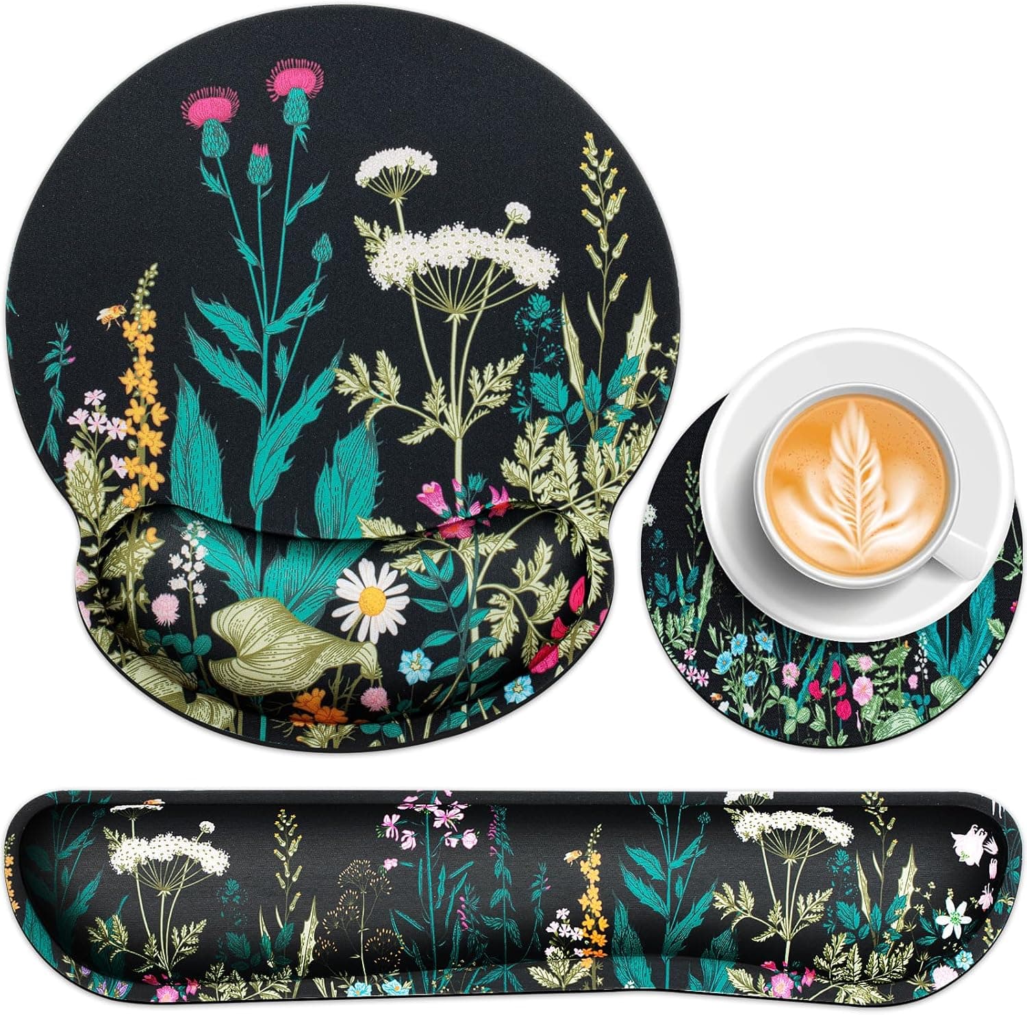 Mouse Pad with Wrist Rest Set, Qomolama 3-in-1 Wrist Support Mouse Pad Set, Floral Gaming Mousepad with Anti-Skid Base,Ergonomic Mouse Pad,Memory Foam Keyboard Gel Wrist Rest