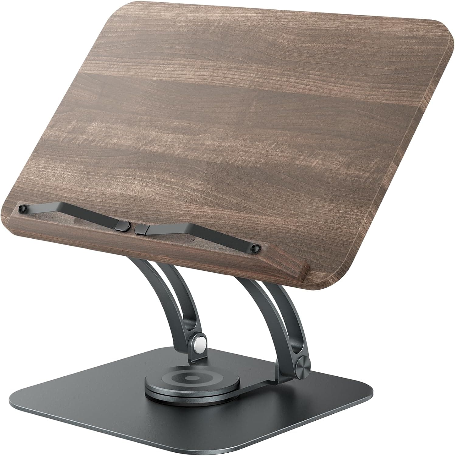 Tounee Book Stand for Reading, Adjustable Book Holder with 360° Swivel Base, Foldable Cookbook Stand Recipe Book Holder with Elastic Page Clips for Music Scores, Recipe, Tablet, Laptop-Gray