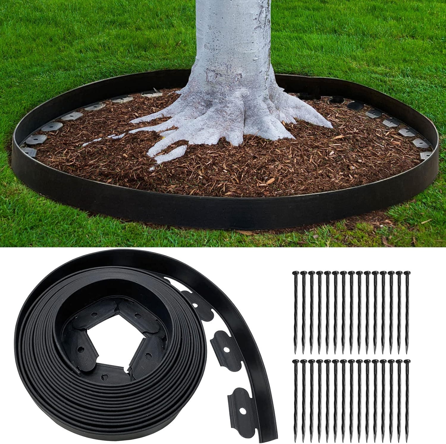 Landscape Edging 33FT, Garden Edging (4IN High) with 50pcs Spikes, Plastic Lawn Edging Flexible for Garden Flower Beds Tree Surrounds Yard Pathway, Black
