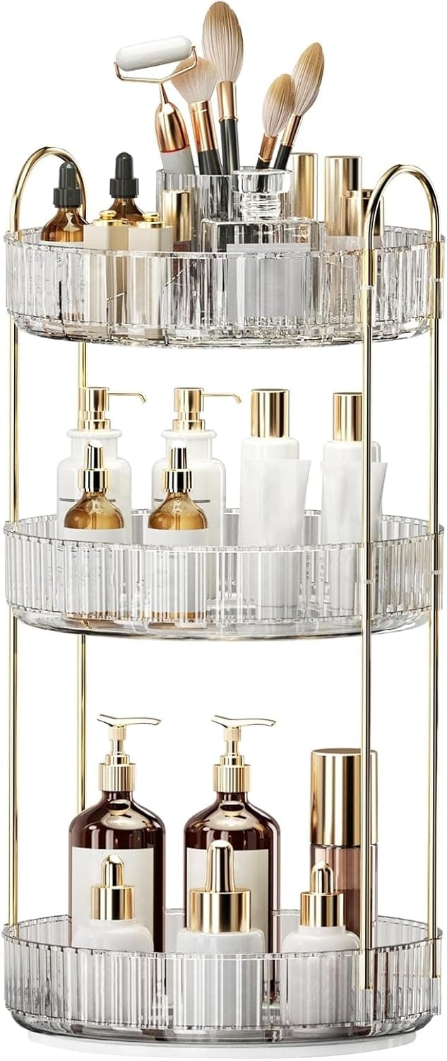 360° Rotating Makeup Organizer, Large-Capacity Skincare Make Up Storage 3 Tier Perfume Organizers Cosmetic Dresser Organizer with Makeup Brush Holder, Fits Bedroom, Bathroom, Vanity Shelf Countertop