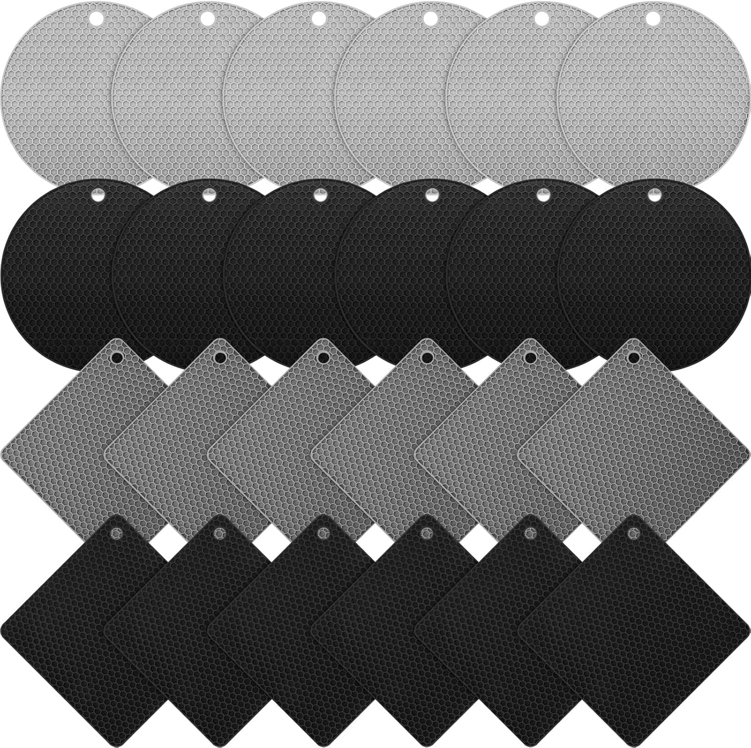 Dandat 24 Pcs Silicone Trivets Mats Bulk Silicone Pot Holders Hot Dishes Multipurpose Non Slip Hot Pads Heat Resistant Mat for Kitchen Countertops Table Restaurants Church Gatherings(Gray, Black)