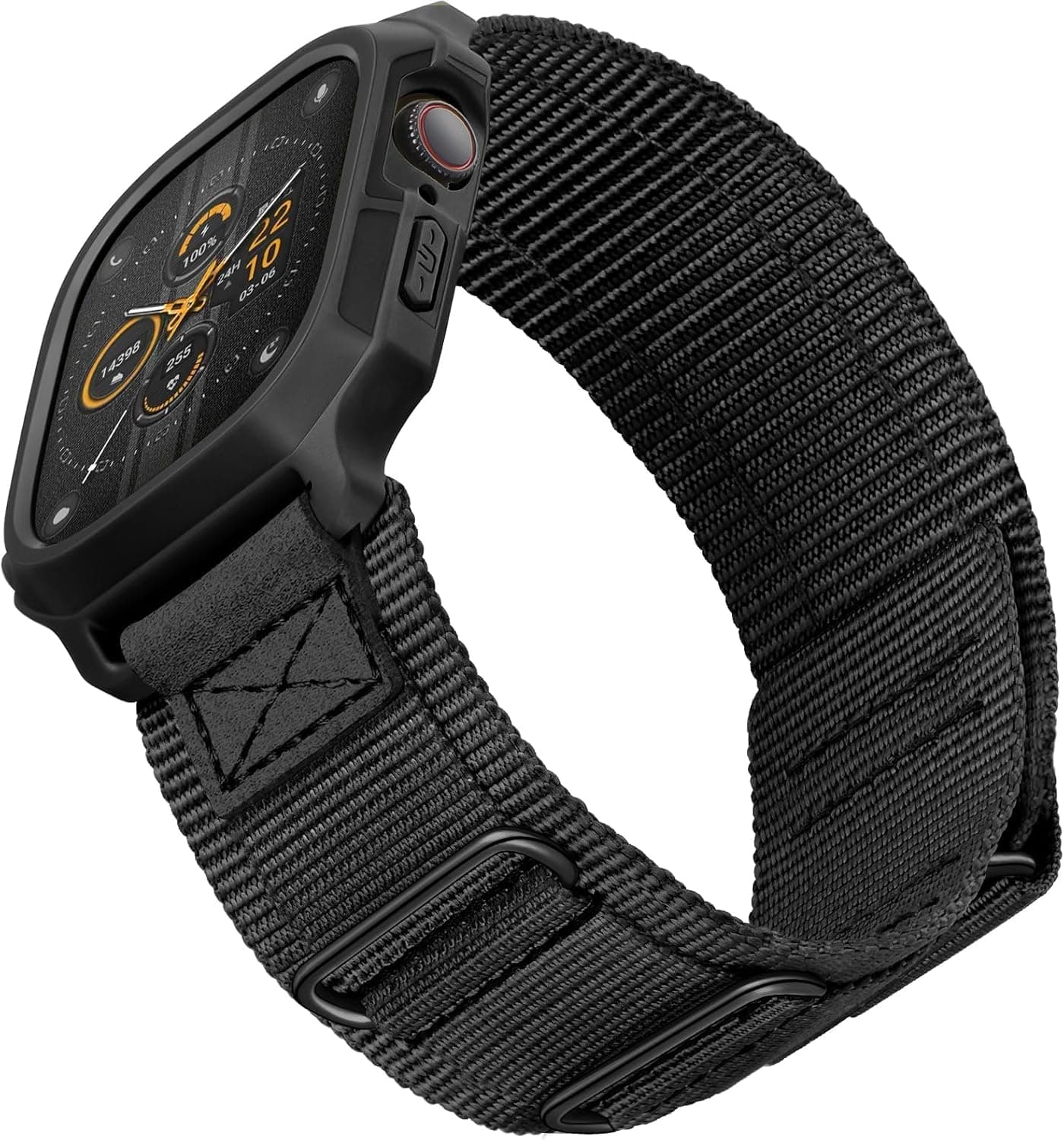 SUNFWR Bands Compatible with Apple Watch 44mm 45mm with Case,Rugged Sport Apple Watch Strap with Protective Cover for iwatch Series 9/8/7/6/5/4/SE for Men(Black Black Tags)