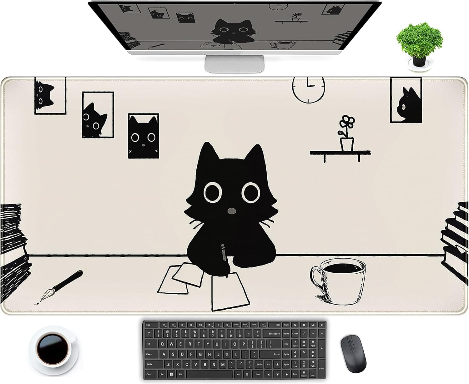 Aesthetic Beige White Anime Desk Mat Mouse Pad Cute Kawaii Minimalist Black Cartoon Cat XXL Large Extended Gaming Mousepad Desk Pad, PC Laptop Keyboard and Mouse Mat for Women Desk 31.5x15.75 in