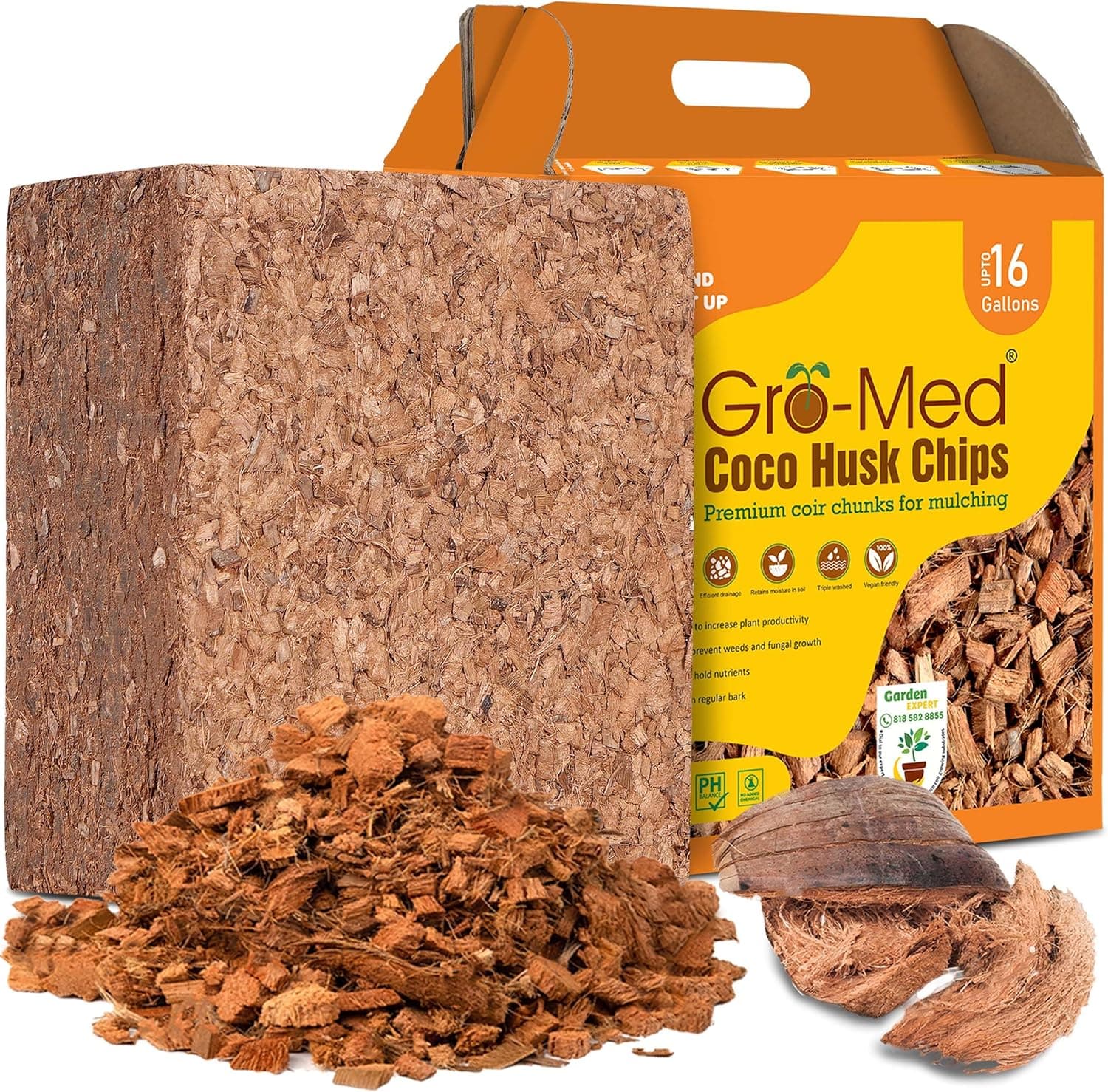 Gro-Med Coco Husk Chips for Plants (10lb) Compressed Coconut Chips Expands Upto 16 Gallon Coco Coir Mulch for Gardening,Potting & Garden Soil -Orchid Bark Alternative,OMRI Listed,Low EC & pH Balanced