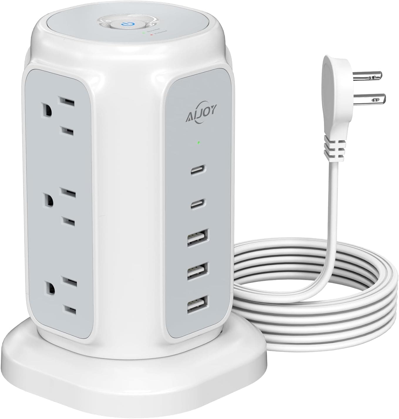 AiJoy Flat Plug Power Strip Tower 9 Outlets and 5 USB Ports (2 USB-C), 1200J Surge Protection, 6.5ft 1625W Extension Cord Charging Station for Home Office Supplies, Dorm Room Essentials