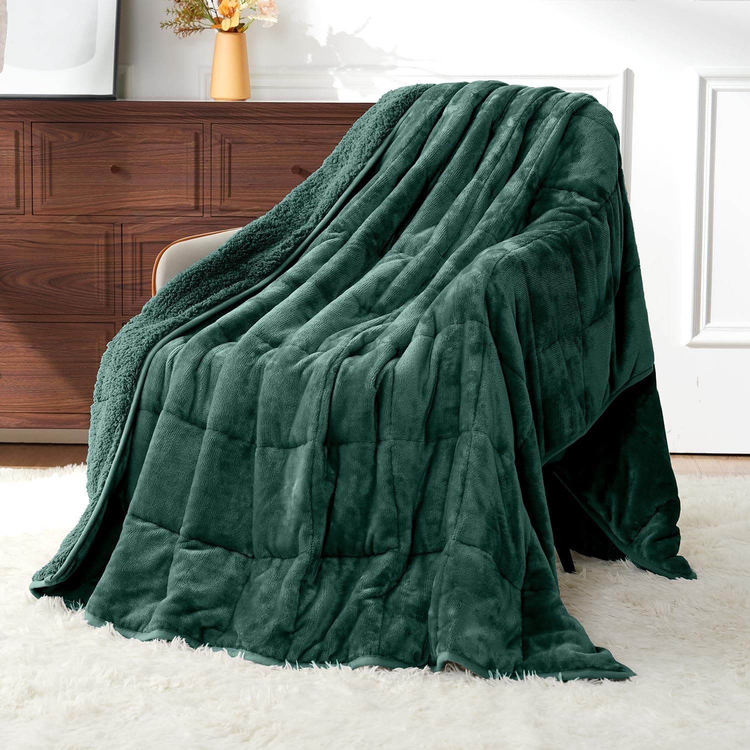 Uttermara Weighted Blanket for Adults, Queen Size Heavy Blanket with Reversible Soft Shiny Velour Fleece and Cozy Warm Sherpa for Couch Bed, Calming and Relaxing, 60 x 80 inches 15 lbs, Green