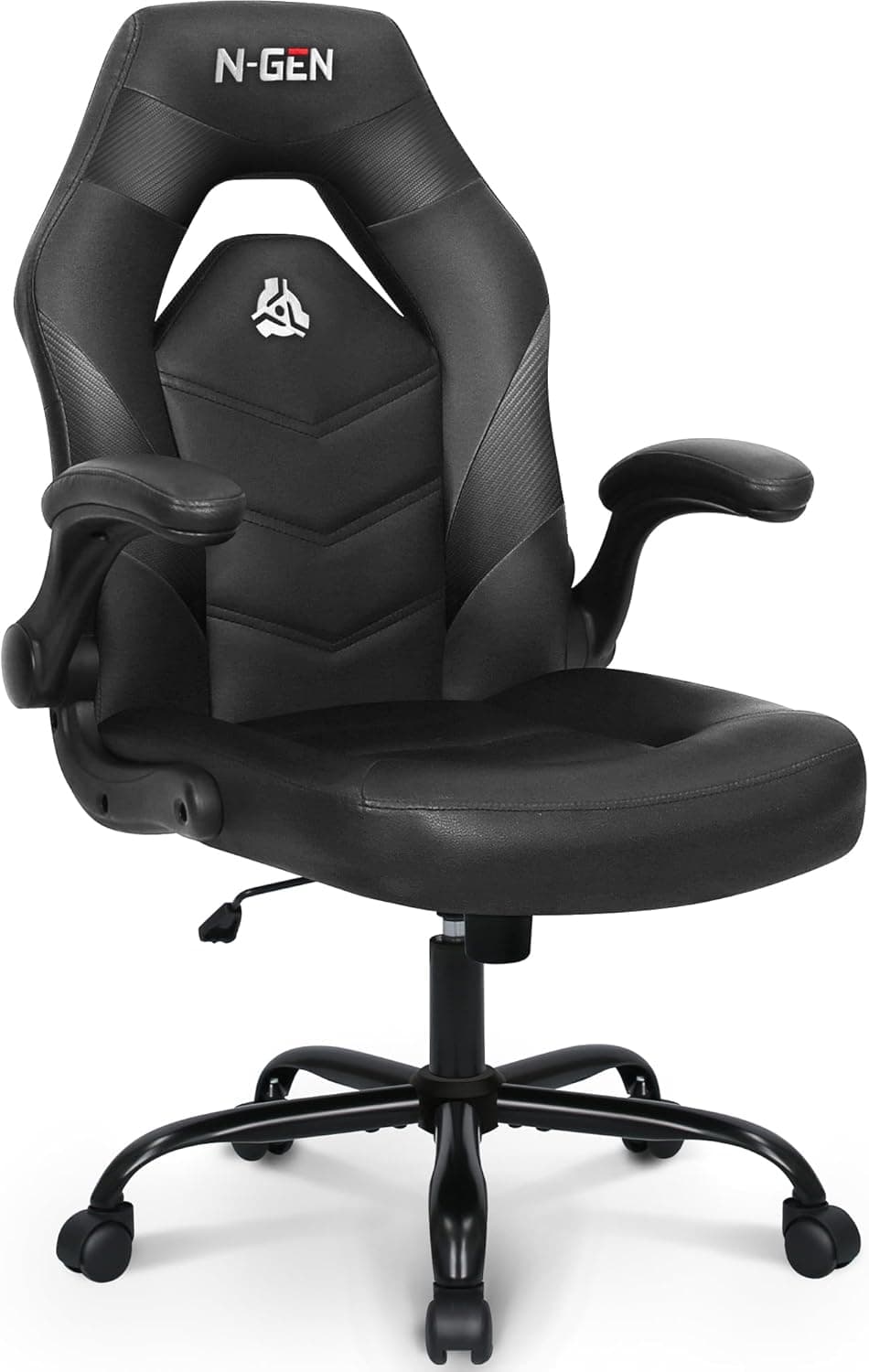 N-GEN Video Gaming Chair Ergonomic Computer Desk Office Chair with Lumbar Support Adjustable Height Swivel Wheels Flip-Up Arms PU Leather Home and Office (Black)