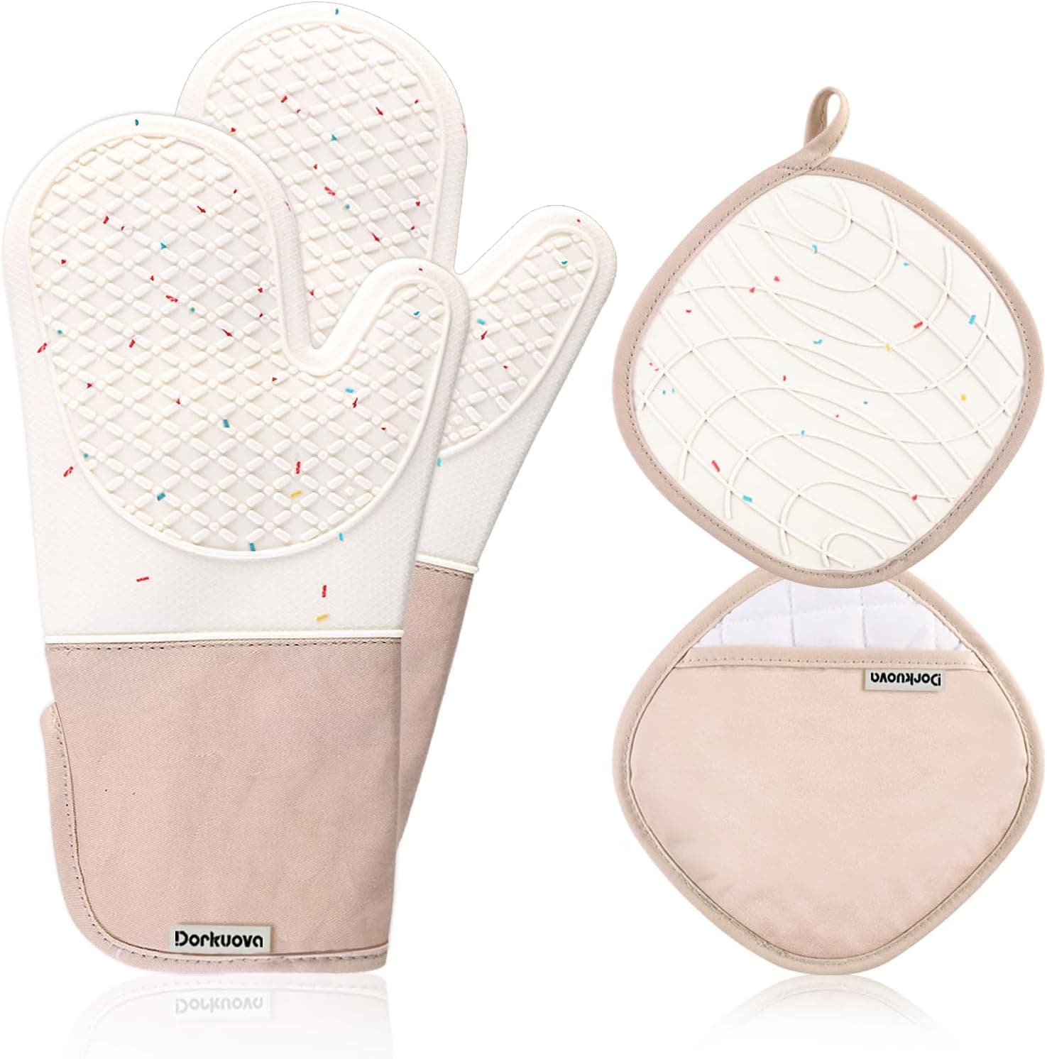 Oven Glove Cute,Cooking Mittens,Oven Mittens for Kitchen,Oven Gloves for Kitchen,Washable Silicone Oven Mitts Heat Resistant 500°F, Potholders for Kitchens Cooking Baking(Cream