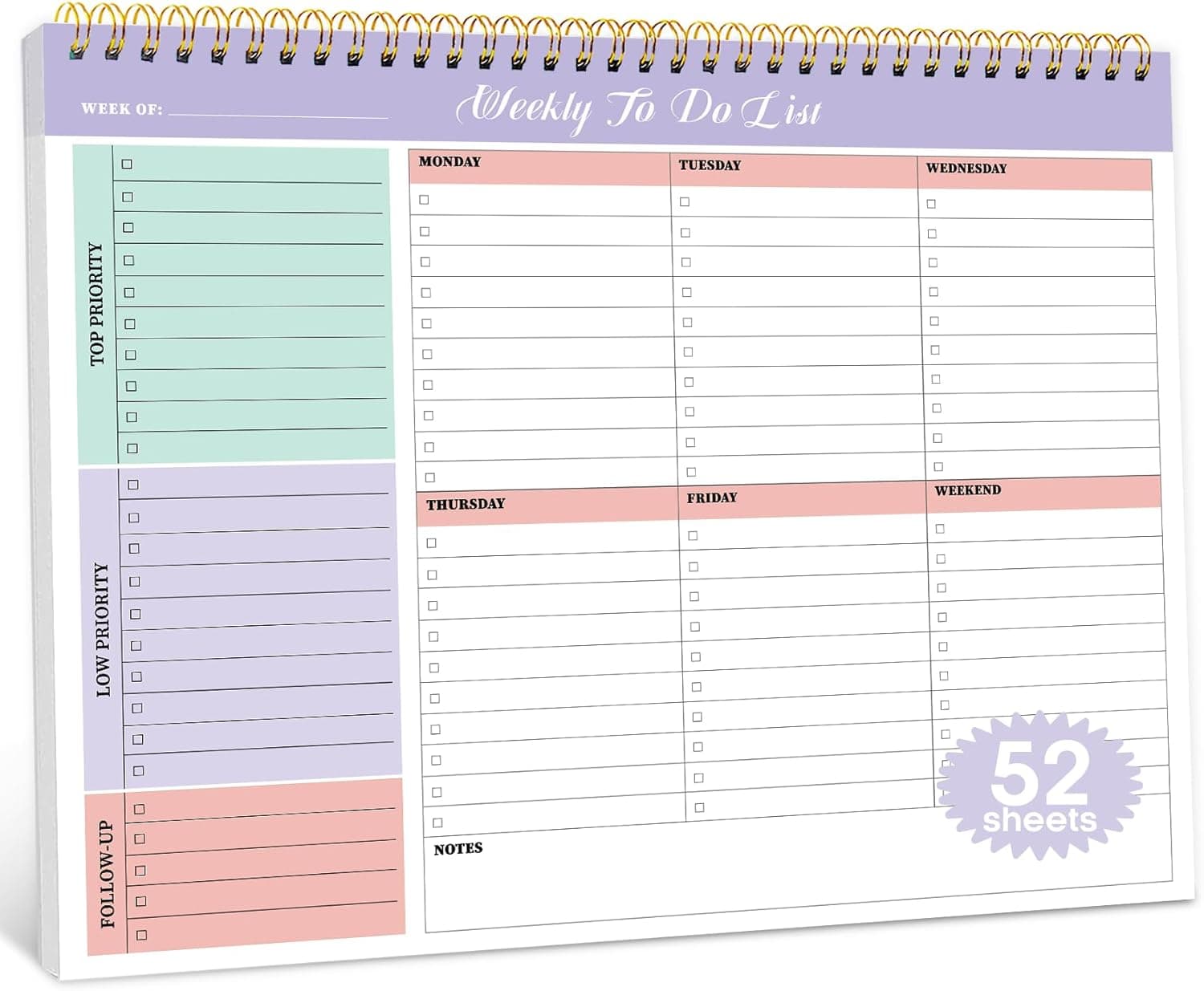 Taja Weekly To Do List Notepad with 52 Undated Sheets（8.5"×11"）- Weekly Desk Planner for Women & Man, Work and Home - Violet Dream