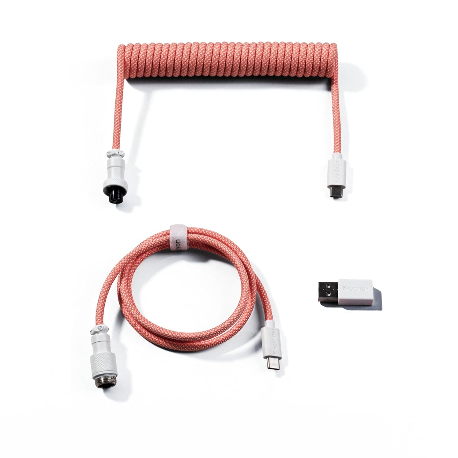 Keychron Custom Coiled Aviator Cable, Pink Orange, 5-Pin (GX12) Detachable Metal Connector, USB-C to USB-C with USB-A Adapter, Durable Braided Cable for Mechanical Keyboards, Charging & Data Transfer
