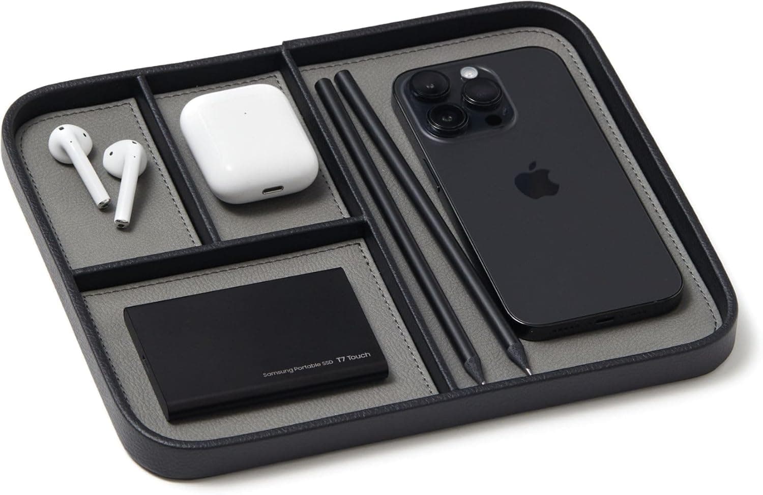 Nordik Leather Valet Tray - Pebble Black - 9.5 x 7.9 Inch Medium Vegan Leather Tray - Stylish Nightstand Organizer for Men - Modern Bedside Caddy - EDC Catchall for Key Watch Wallet Jewellery