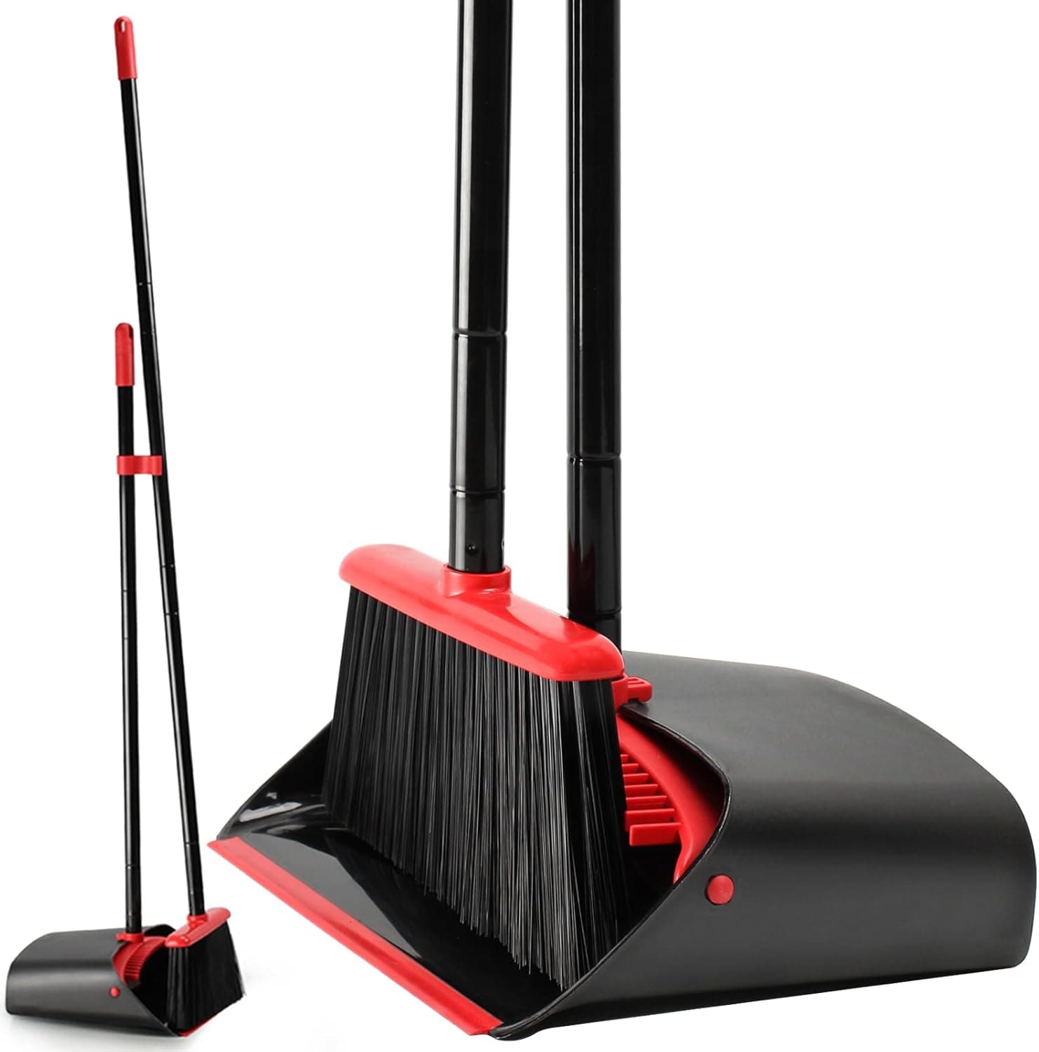 TreeLen Dust Pan and Broom/Dustpan Cleans Broom Combo with 52" Long Handle for Home Kitchen Room Office Lobby Floor Use Upright Stand Up Broom and Dustpan Set - Black/Red