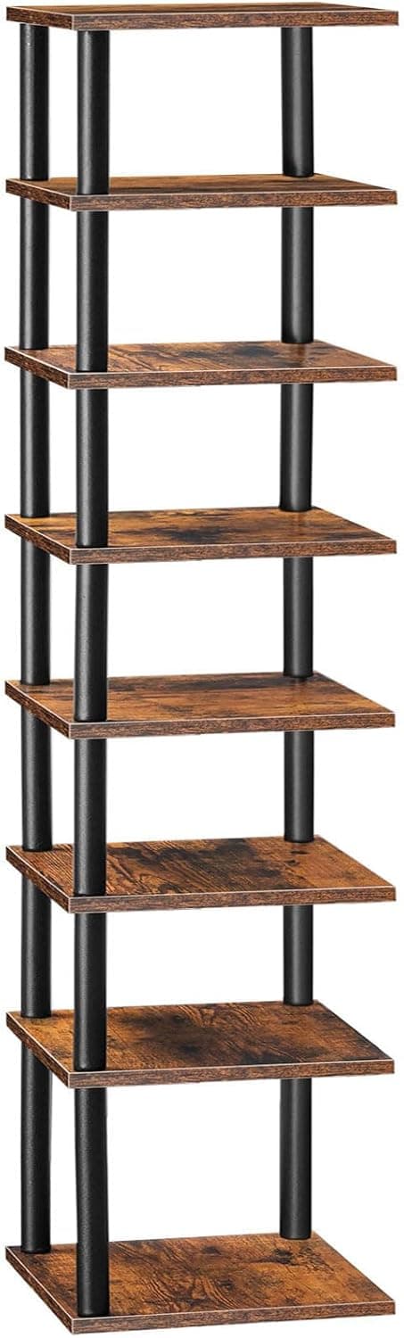 HOOBRO Vertical Shoe Rack, 8-Tier Narrow Shoe Shelf, Shoe Storage Organizer for Small Space, 11" L x 11" W x 53" H, Closet, Entryway, Hallway, Bedroom, Rustic Brown and Black BF22XJ01
