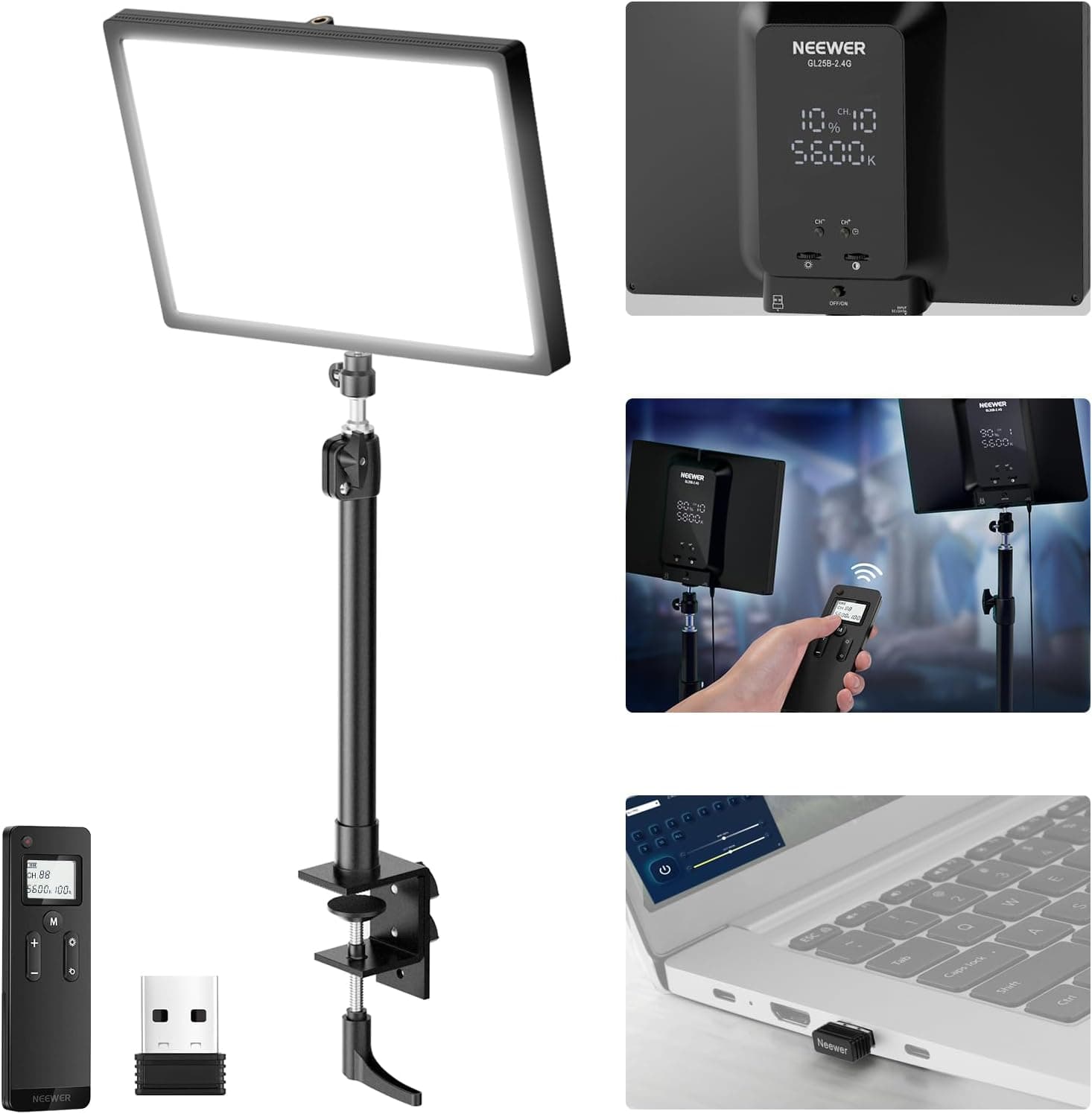 NEEWER 25W 12.9" Streaming Key Light with Desk Stand/2.4G Remote/USB Transmitter, PC/Mac APP Control 2300Lx/0.5m 2900-7000K CRI98+ Dimmable Edge Lit Video Panel Light for Webcam Laptop Zoom, GL25B
